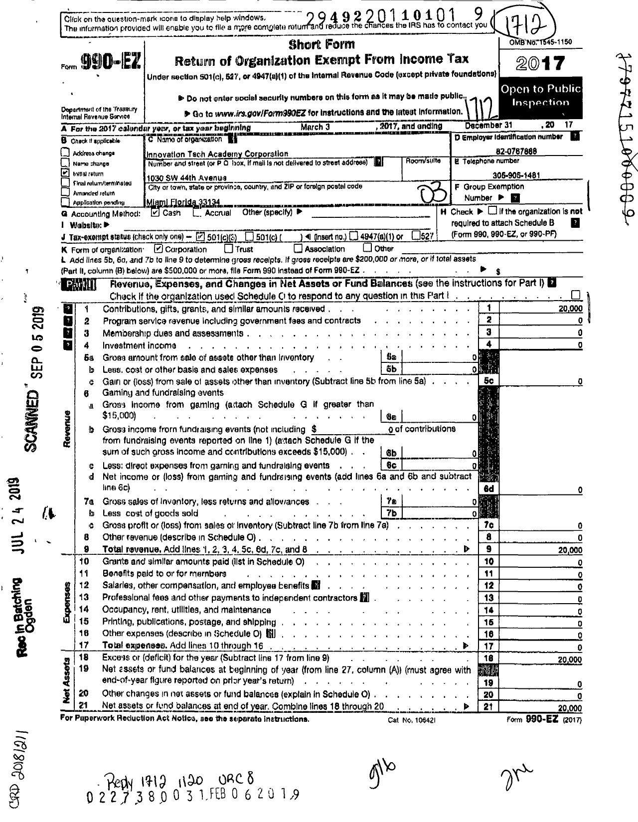 Image of first page of 2017 Form 990EZ for Innovation Tech Academy Corporation