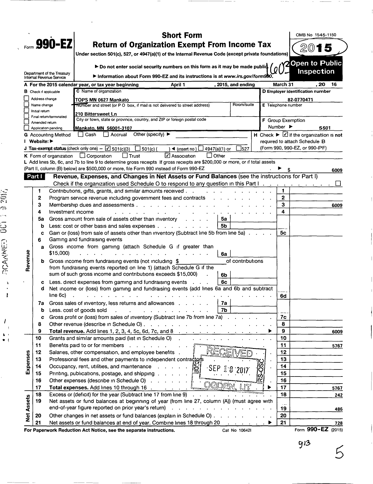 Image of first page of 2015 Form 990EZ for Tops Club - 0627 Tops MN Mankato