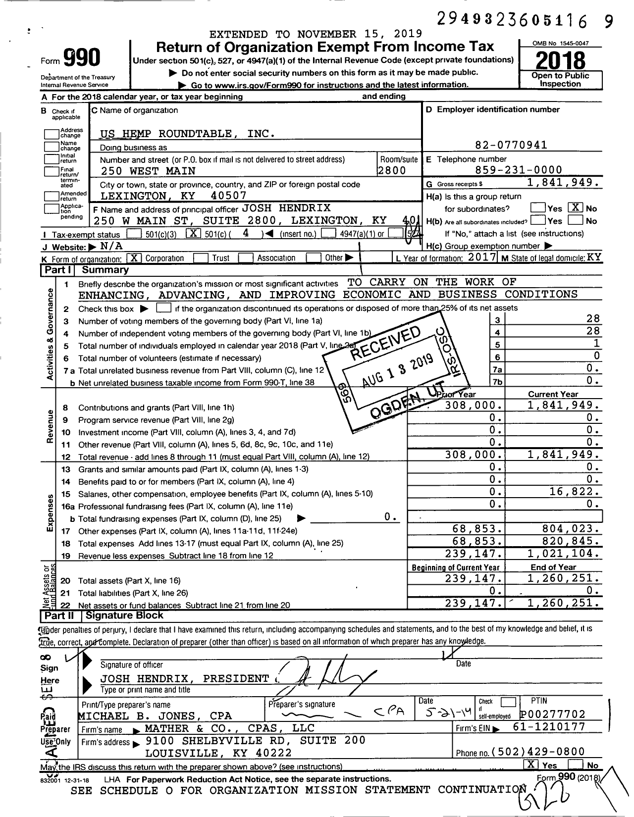 Image of first page of 2018 Form 990O for Us Hemp Roundtable