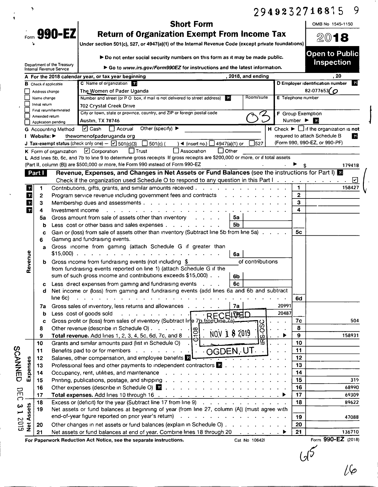 Image of first page of 2018 Form 990EZ for Women of Pader Uganda