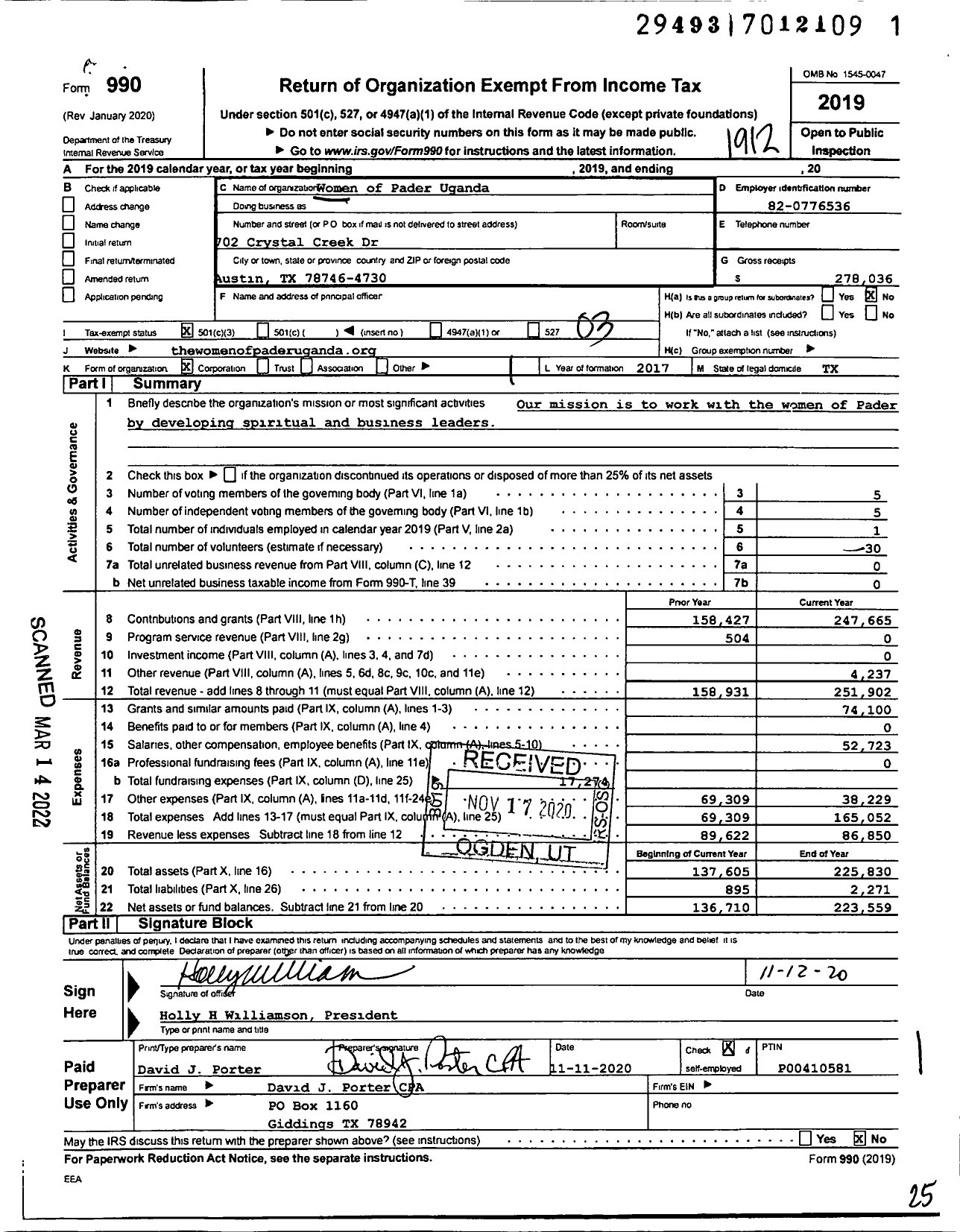 Image of first page of 2019 Form 990 for Women of Pader Uganda