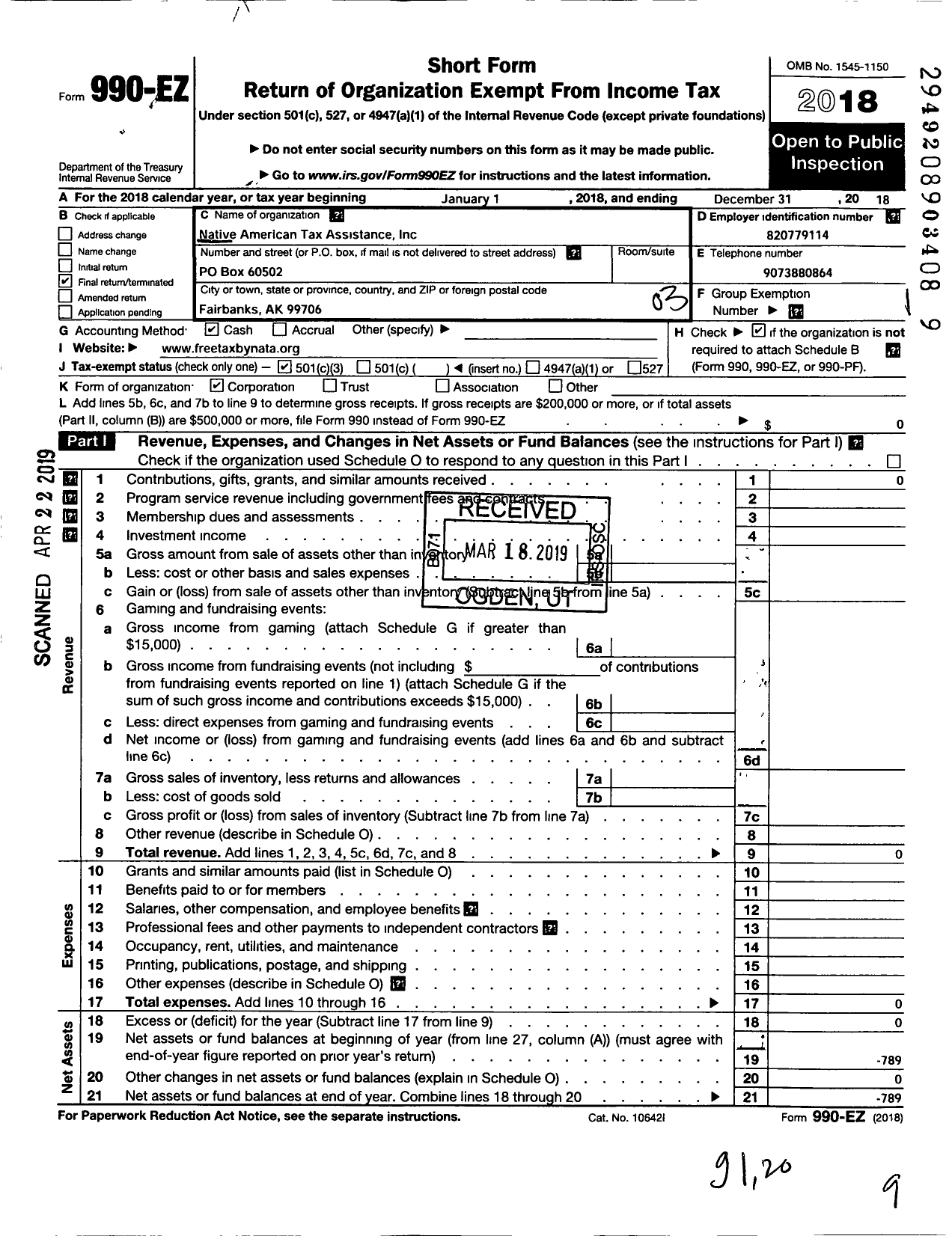 Image of first page of 2018 Form 990EZ for Native American Tax Assistance