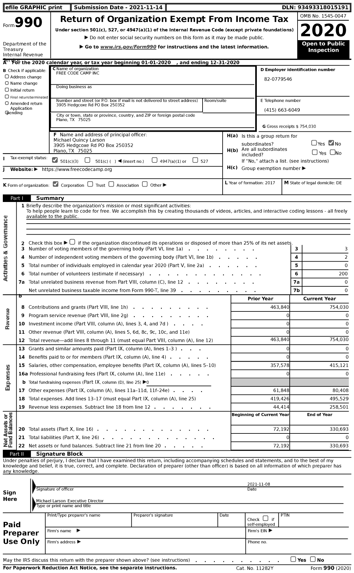 Image of first page of 2020 Form 990 for Free Code Camp