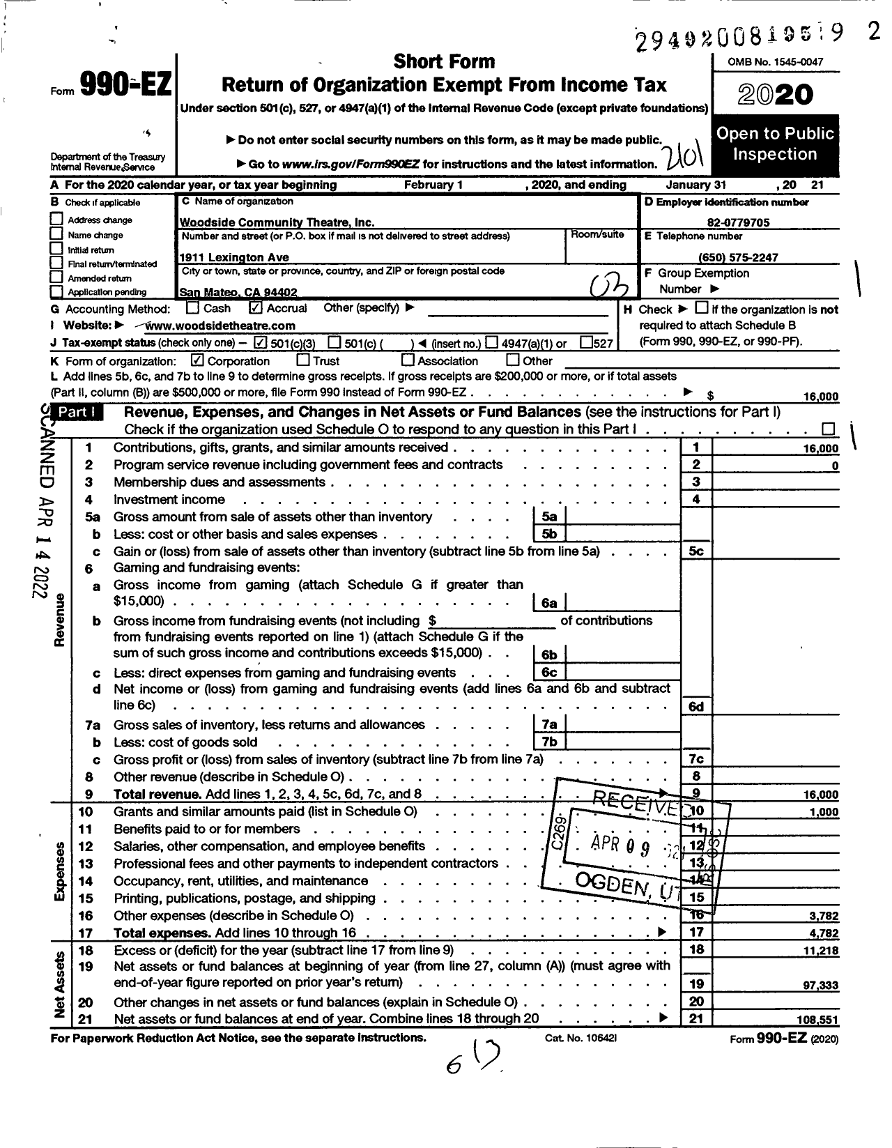 Image of first page of 2020 Form 990EZ for Woodside Musical Theatre