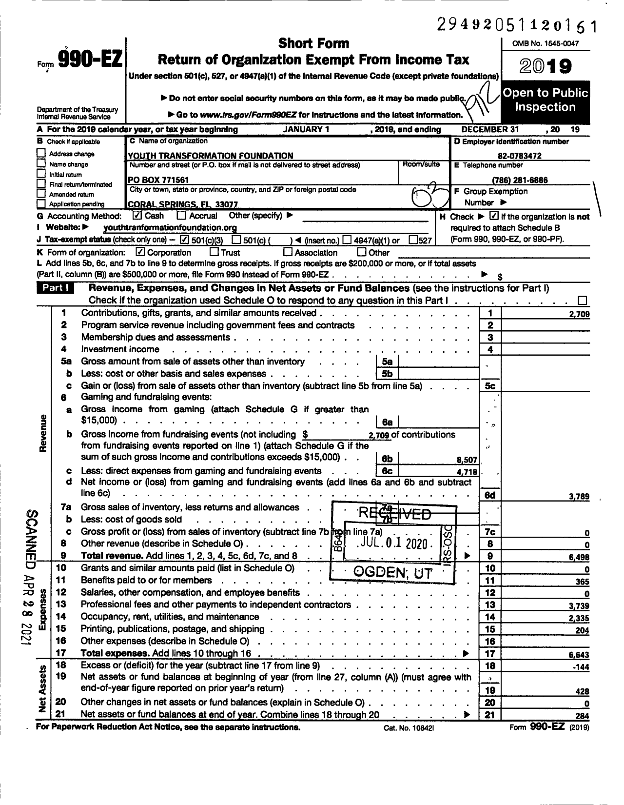 Image of first page of 2019 Form 990EZ for Youth Transformation Foundation