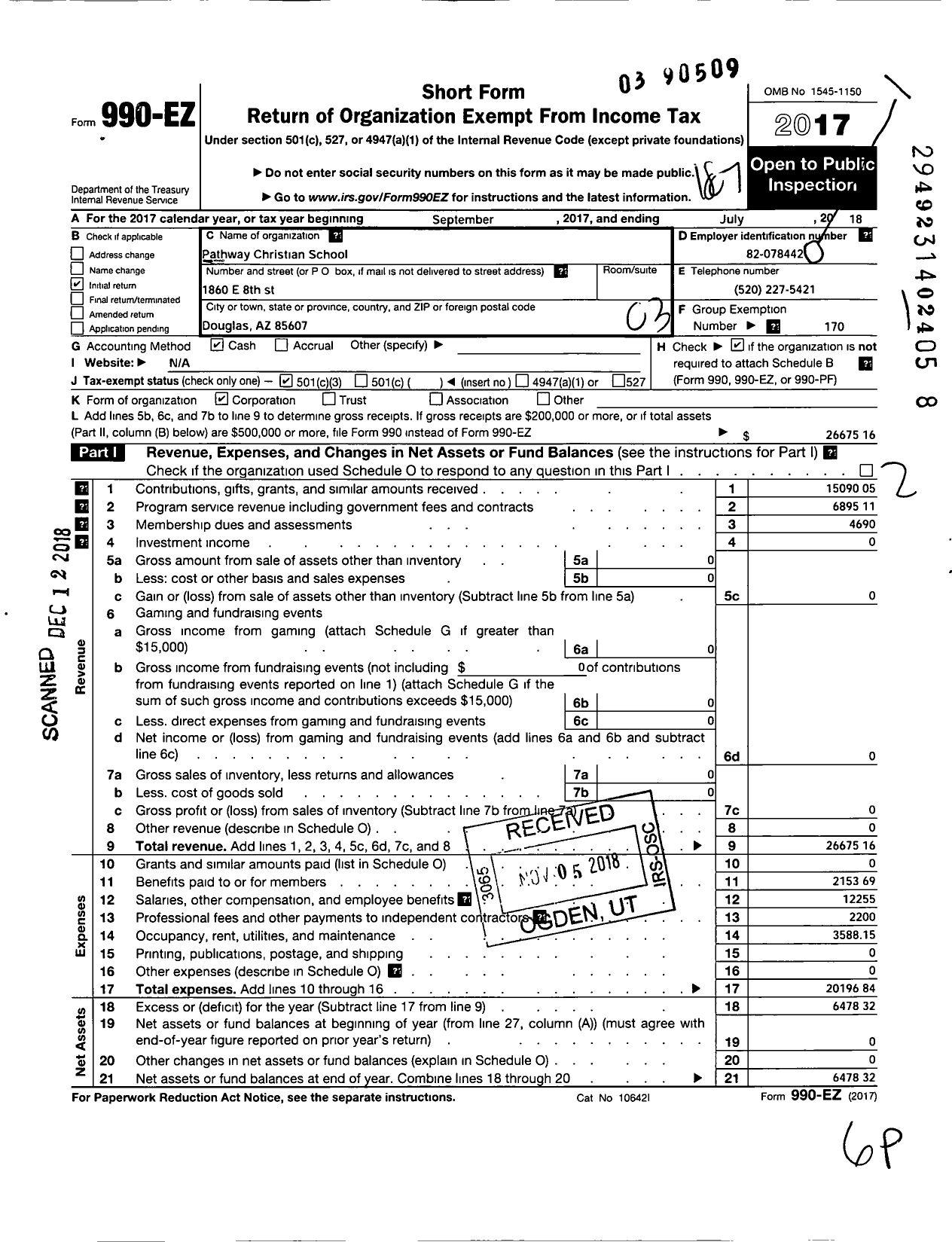 Image of first page of 2017 Form 990EZ for Pathway Christian School