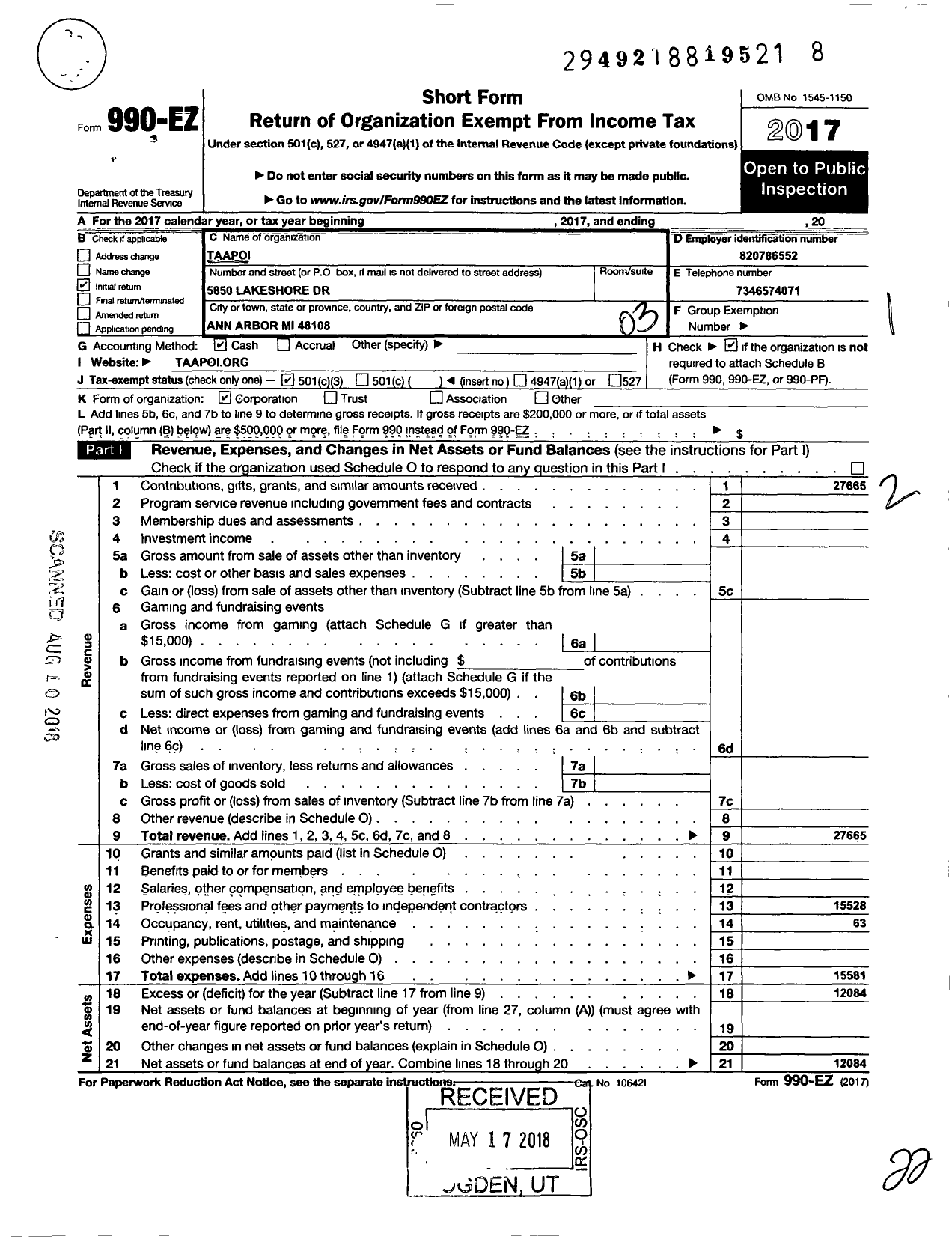 Image of first page of 2017 Form 990EZ for Taapoi