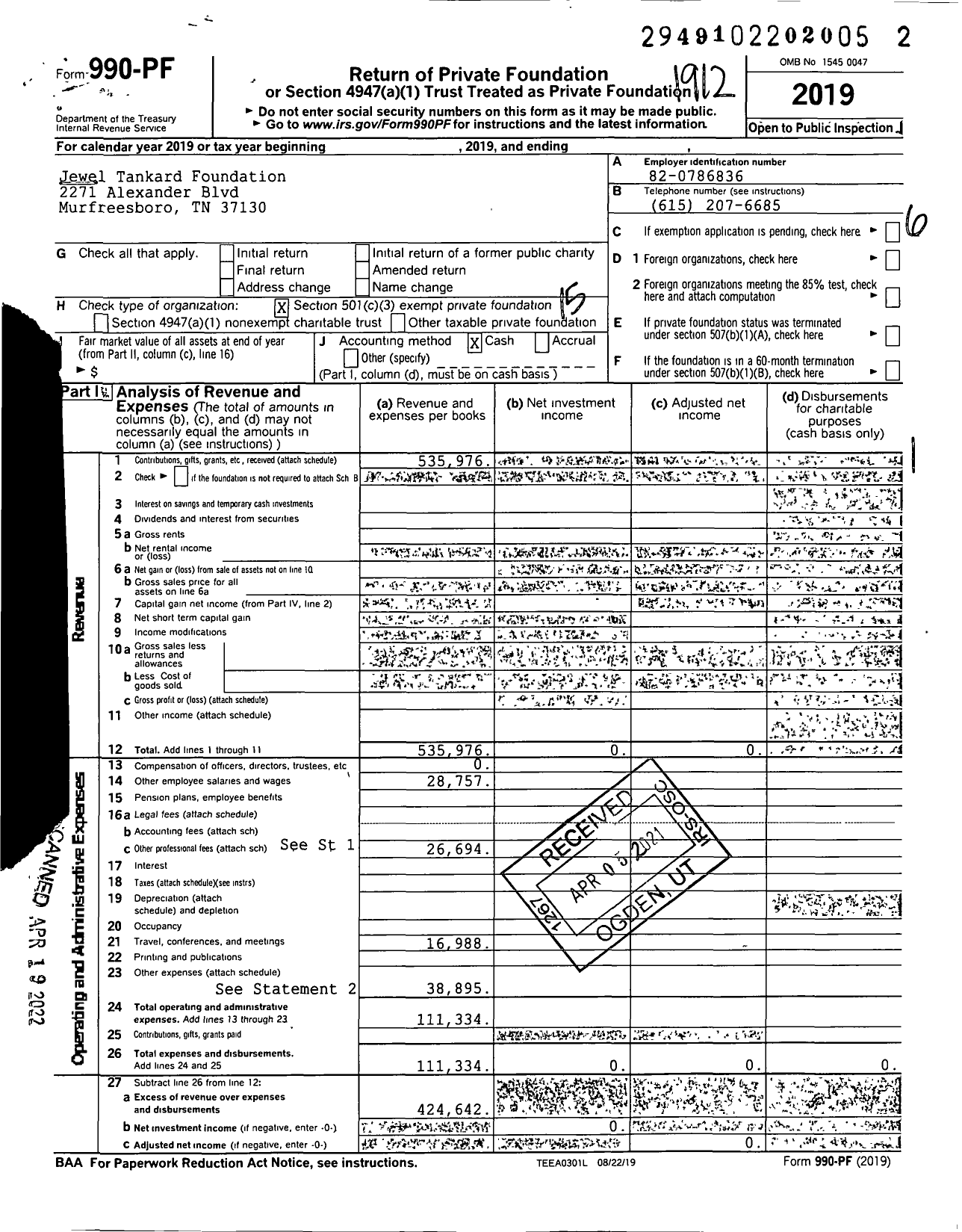 Image of first page of 2019 Form 990PF for Jewel Tankard Foundation