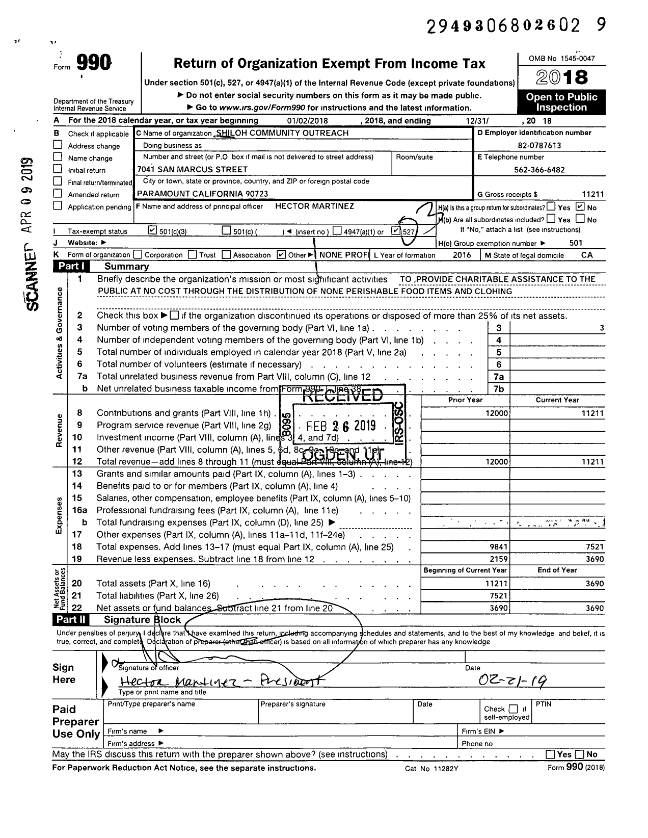 Image of first page of 2018 Form 990 for Shiloh Community Outreach