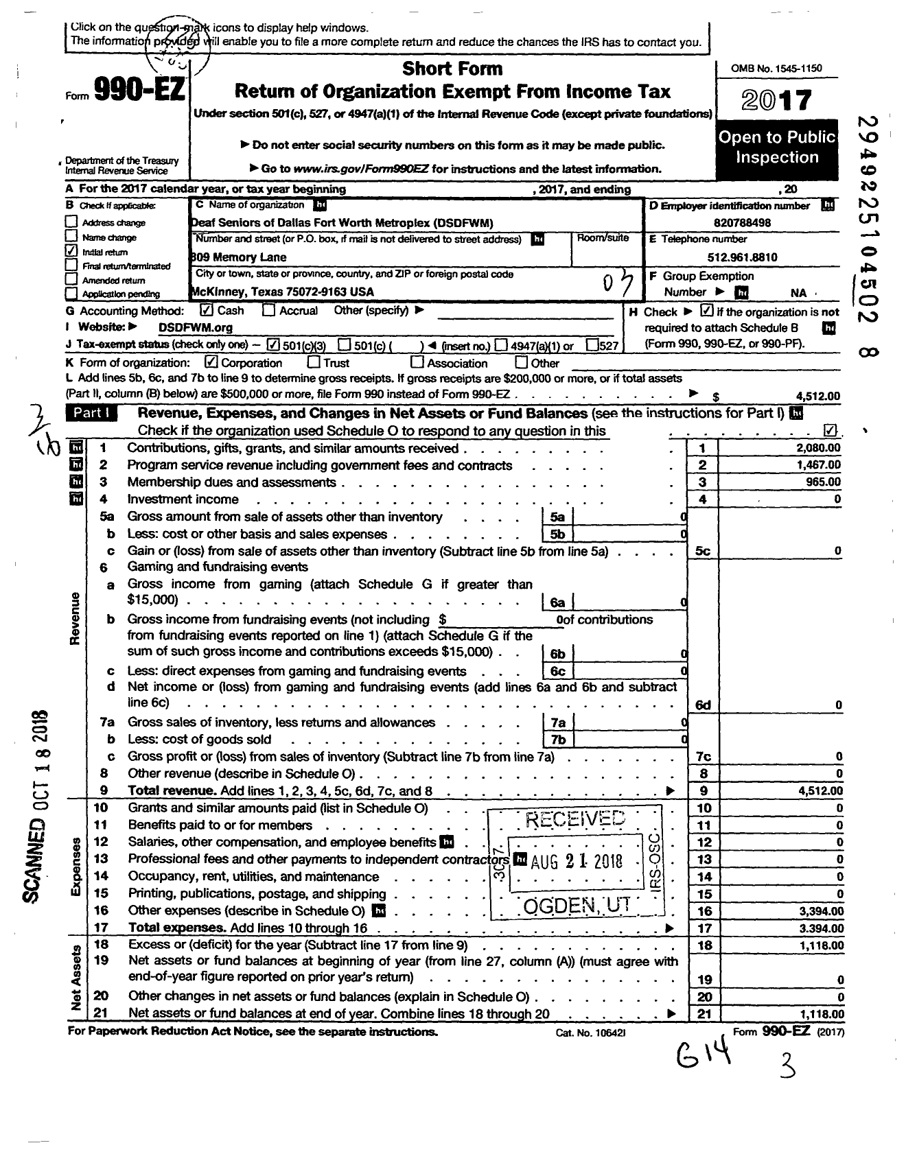 Image of first page of 2017 Form 990EZ for Deaf Seniors of Dallas Fort Worth Metroplex