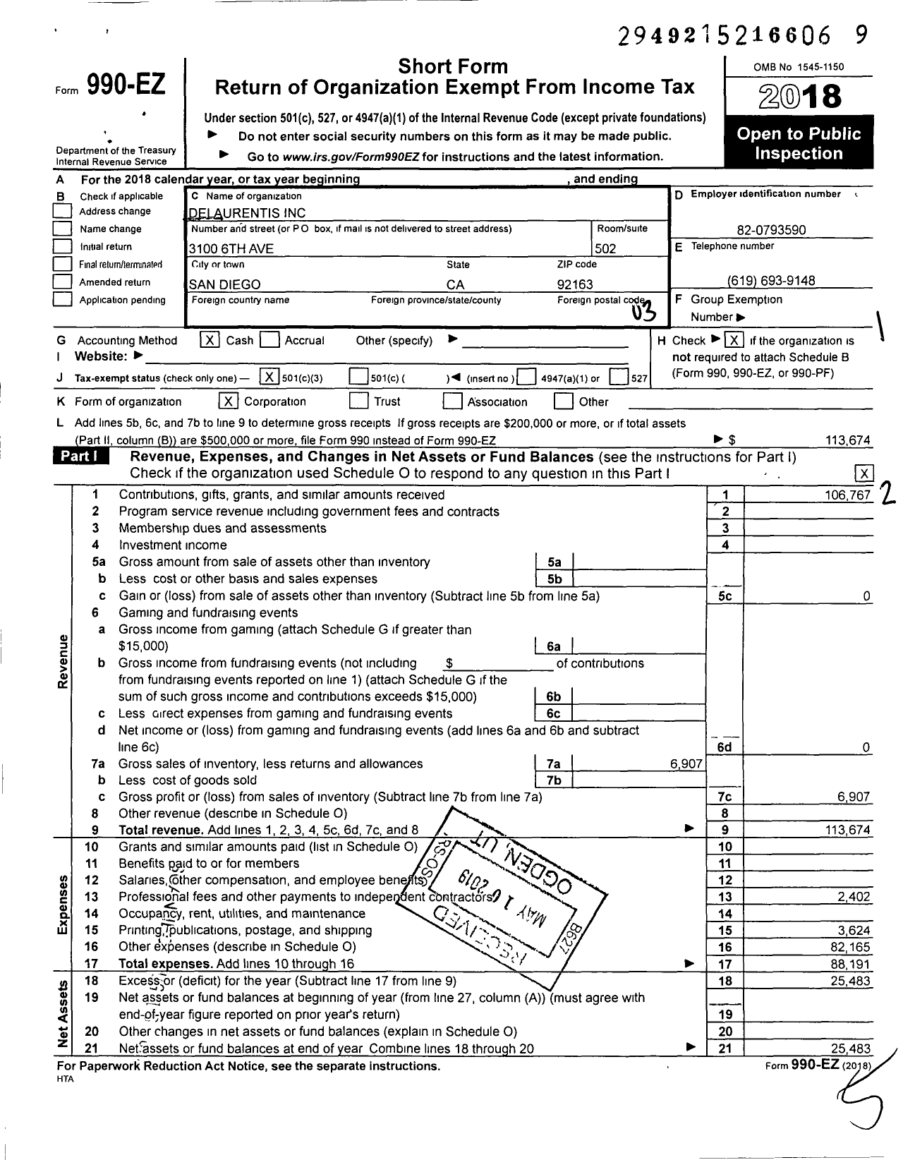 Image of first page of 2018 Form 990EZ for Delaurentis