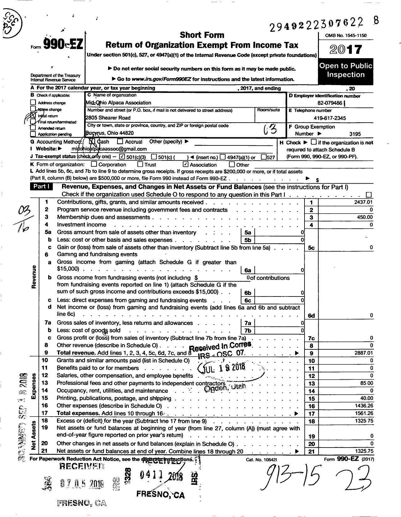 Image of first page of 2017 Form 990EZ for Mid-Ohio Alpaca Association