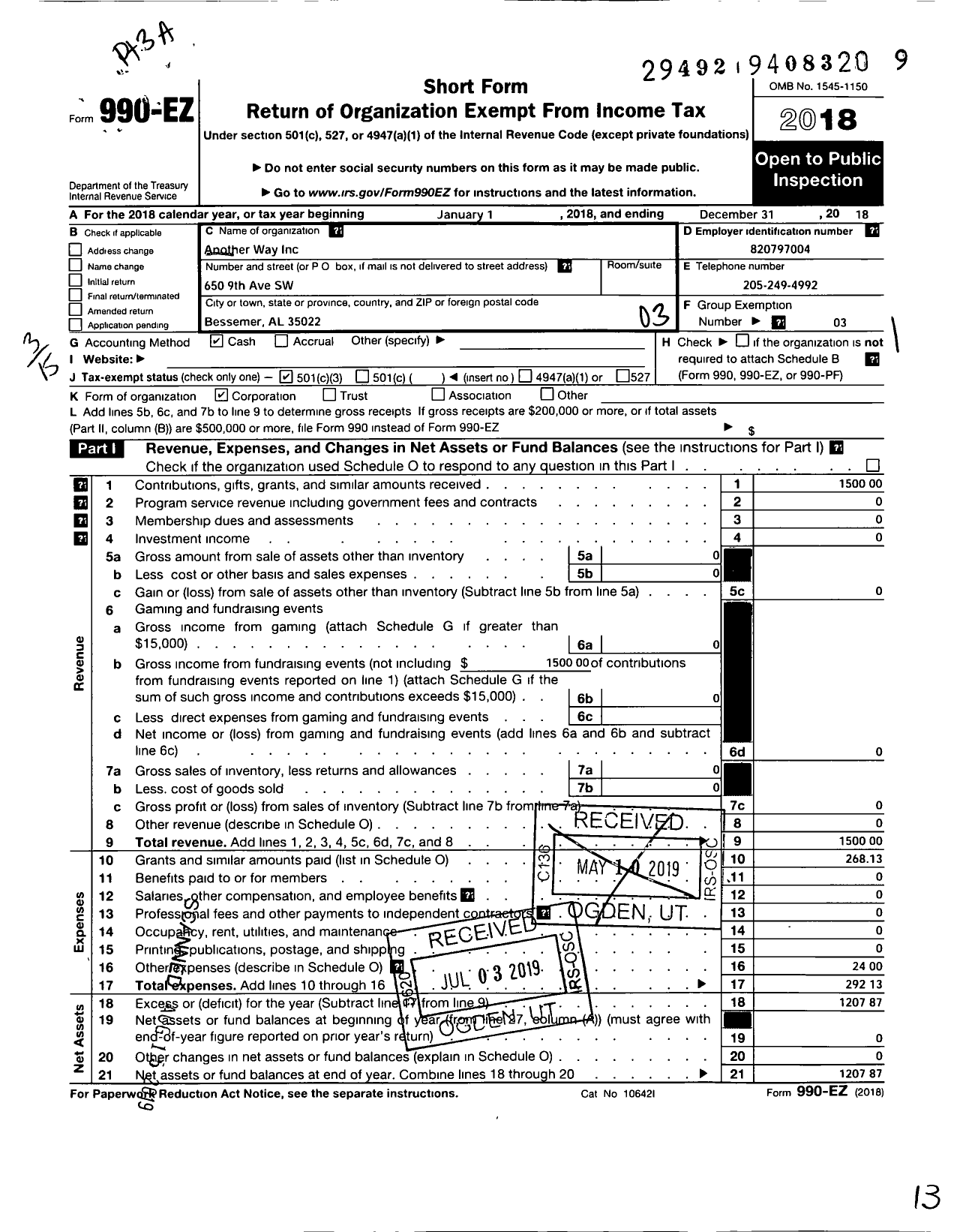 Image of first page of 2018 Form 990EZ for Another Way