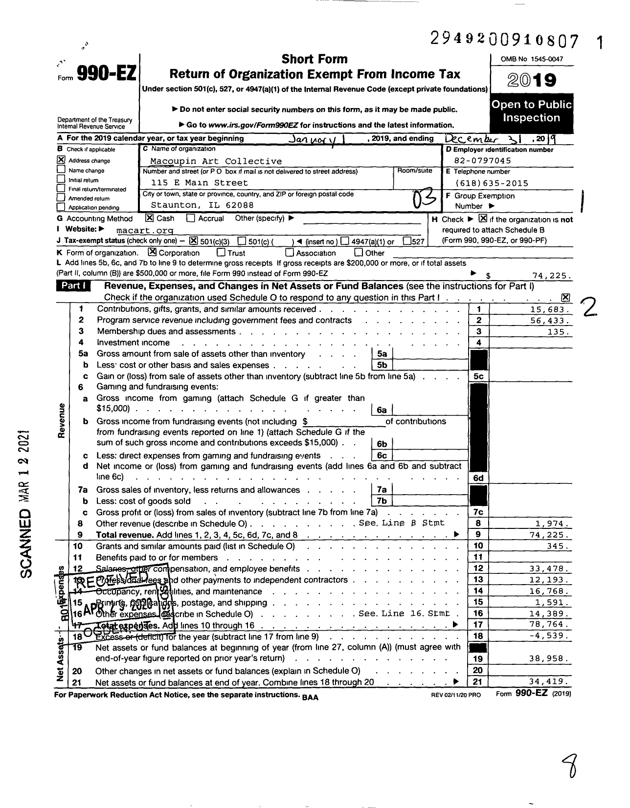 Image of first page of 2019 Form 990EZ for Macoupin Art Collective