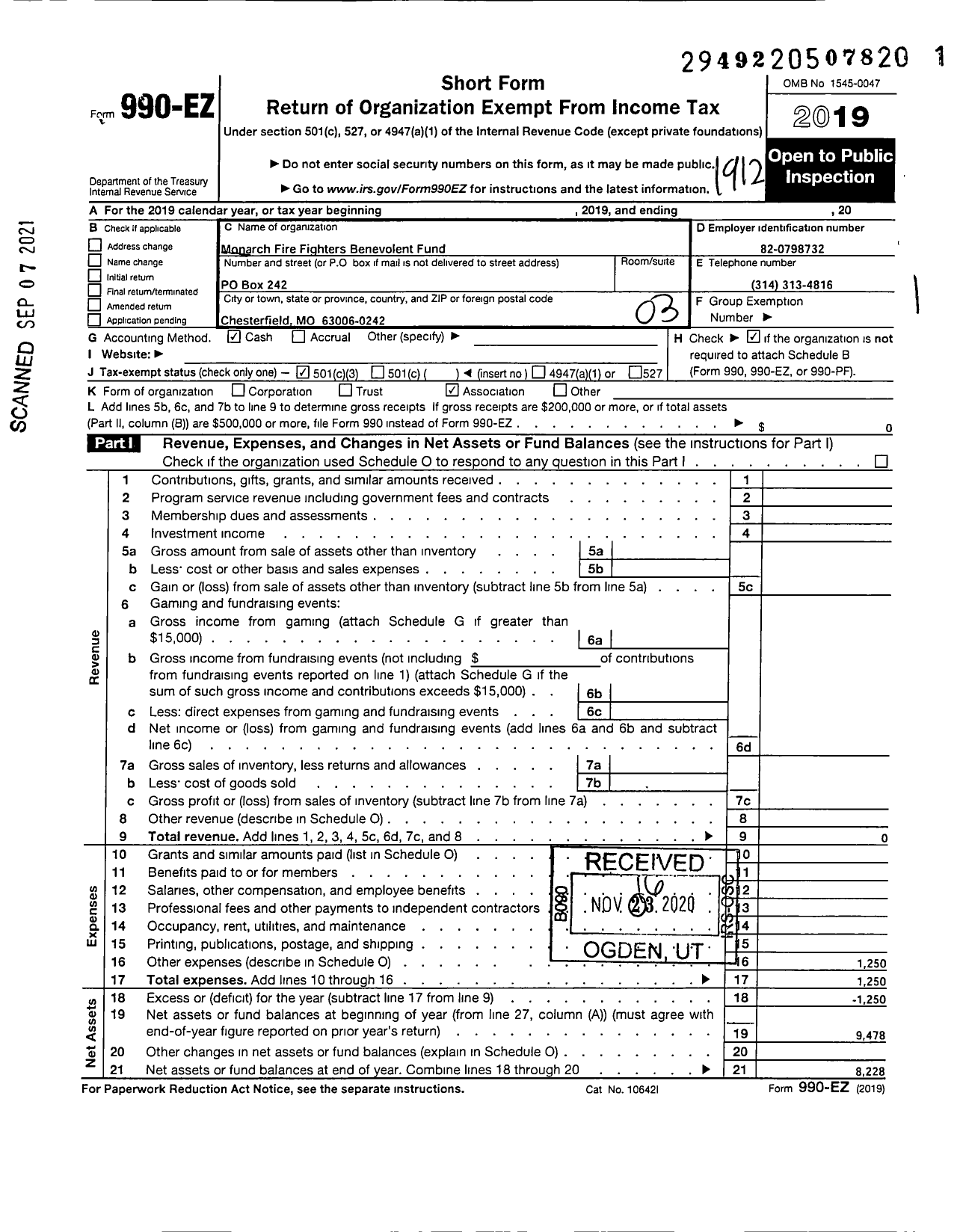 Image of first page of 2019 Form 990EZ for Monarch Fire Fighters Benevolent Fund