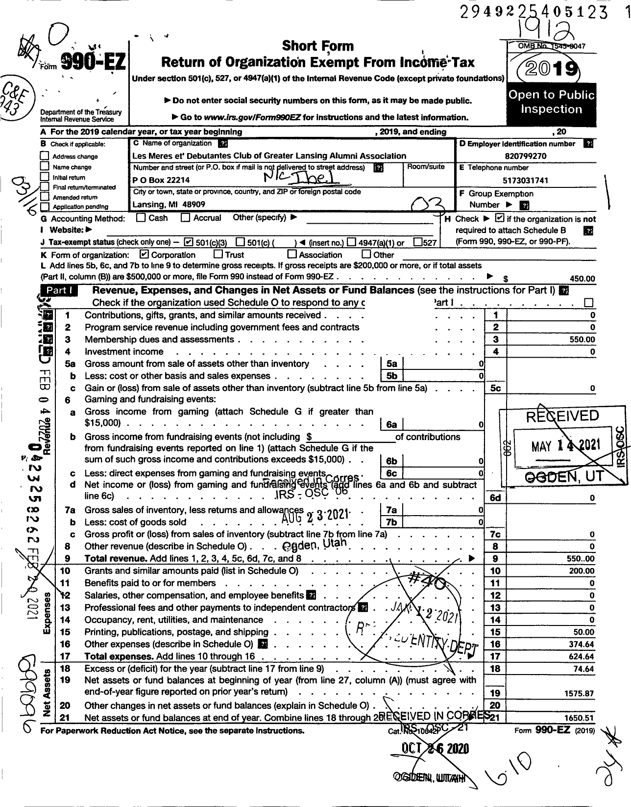 Image of first page of 2019 Form 990EZ for The Les Meres Et Debutantes Club of Greater Lansing Alumni Association