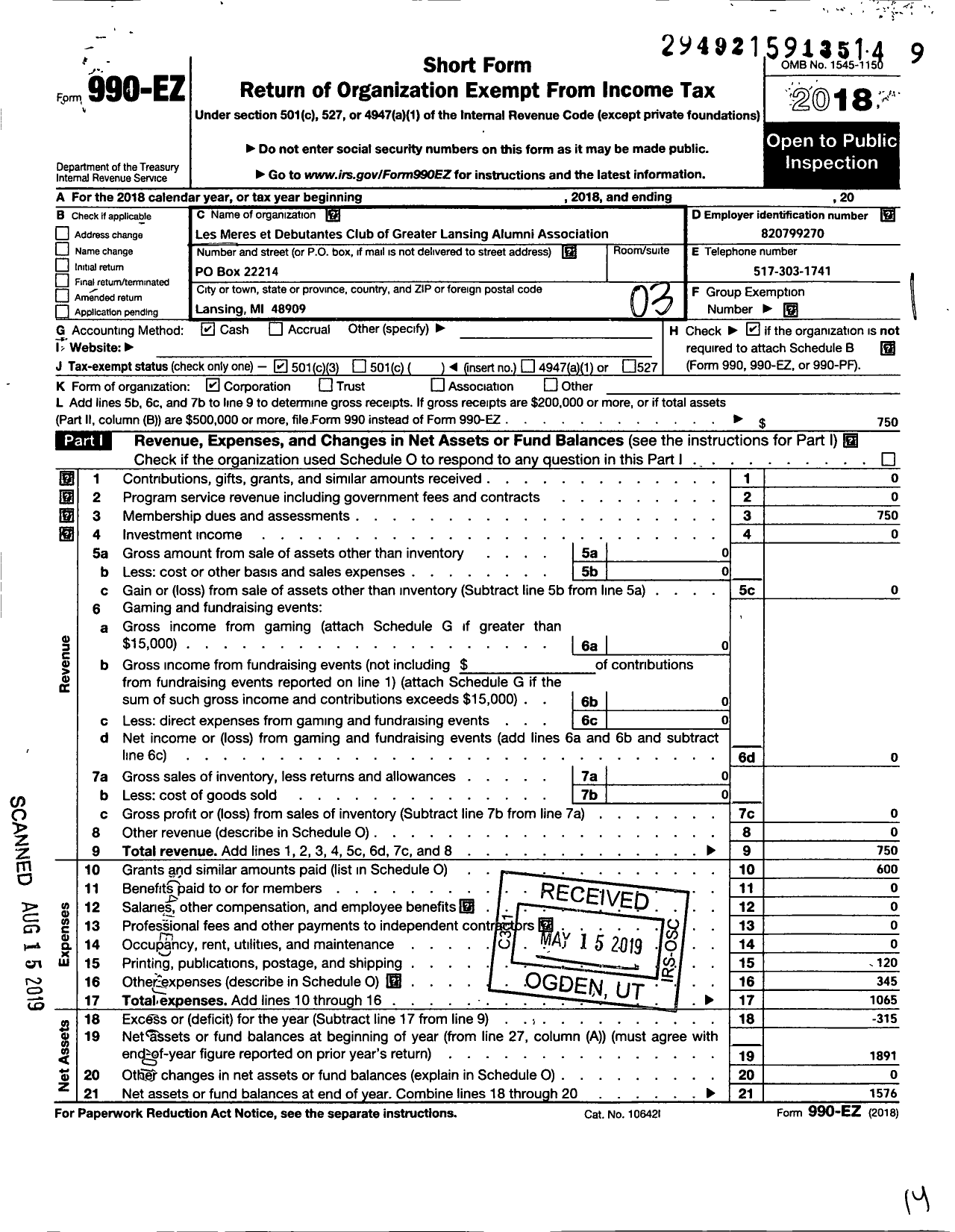 Image of first page of 2018 Form 990EZ for The Les Meres Et Debutantes Club of Greater Lansing Alumni Association