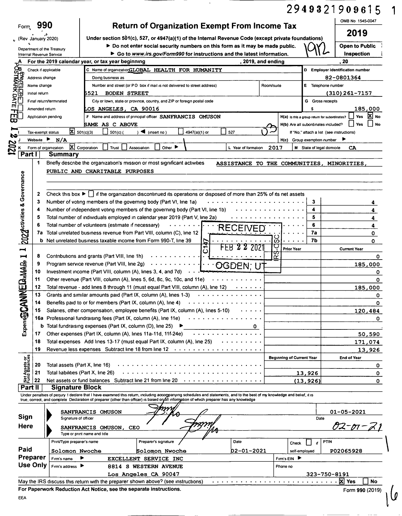 Image of first page of 2019 Form 990 for Global Health for Humanity