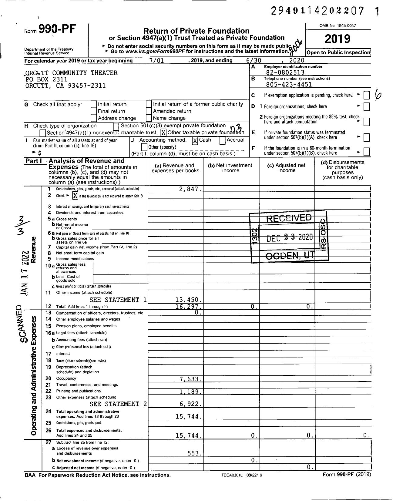 Image of first page of 2019 Form 990PF for Orcutt Community Theater