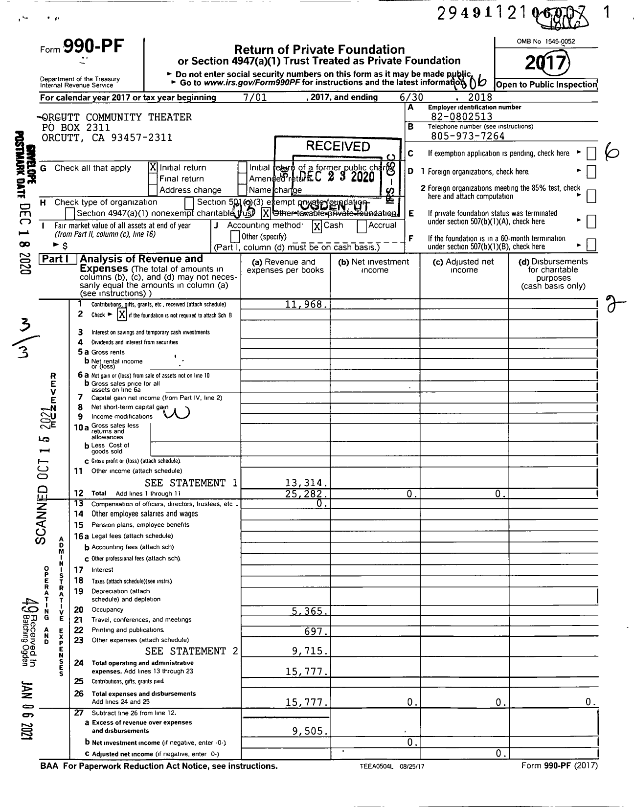 Image of first page of 2017 Form 990PF for Orcutt Community Theater