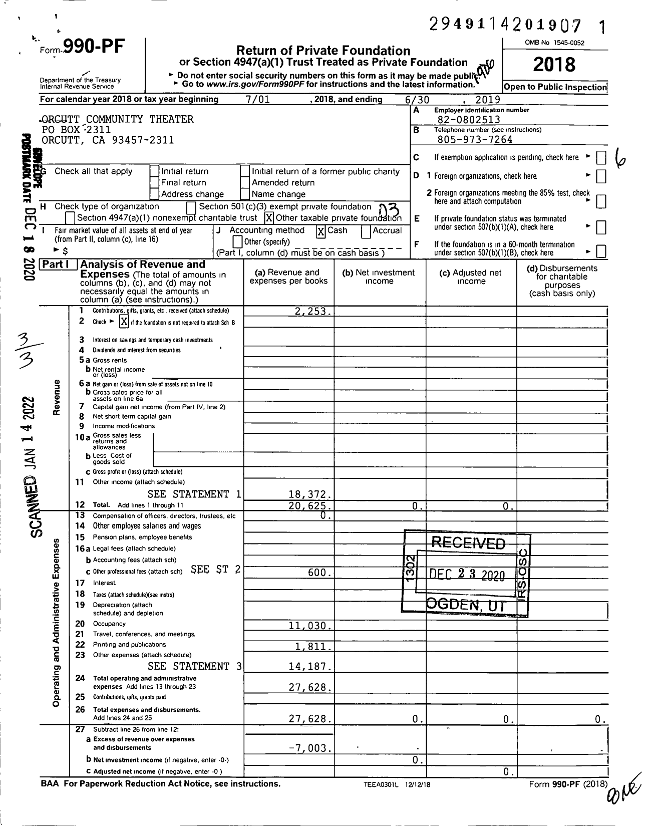 Image of first page of 2018 Form 990PF for Orcutt Community Theater