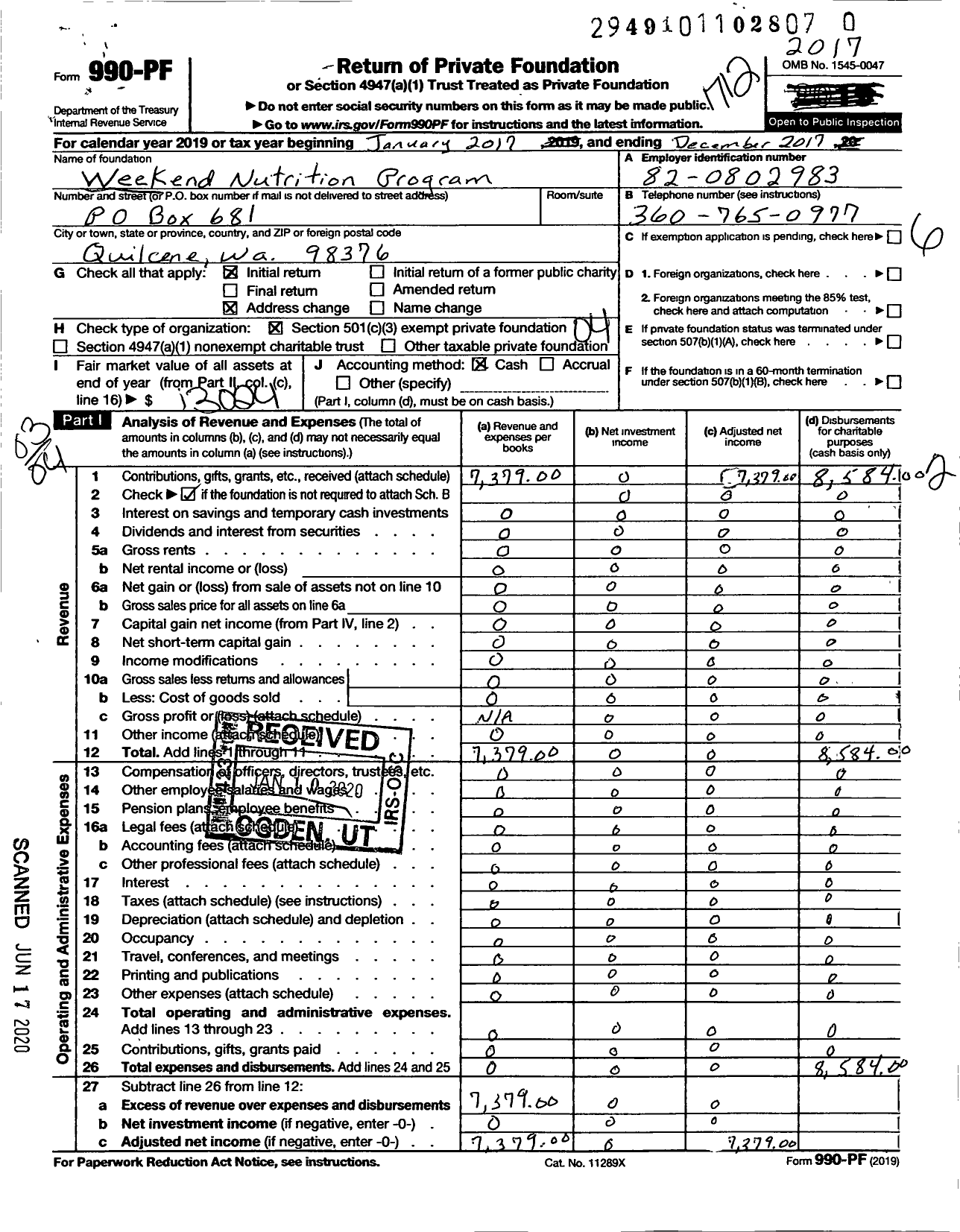 Image of first page of 2017 Form 990PR for Weekend Nutrition Foundation