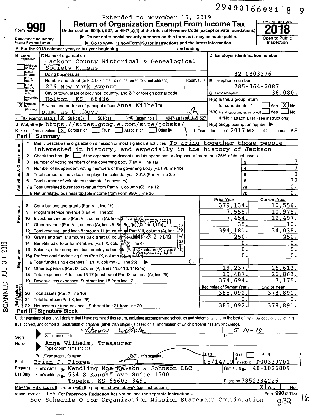 Image of first page of 2018 Form 990 for Jackson County Historical and Genealogical