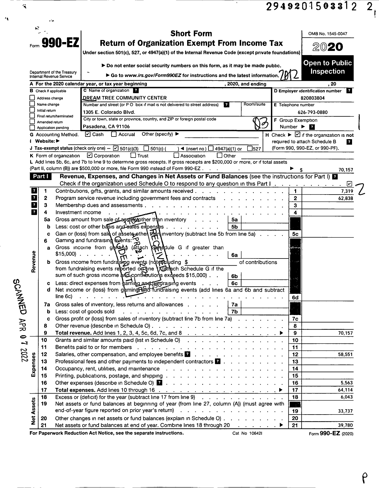 Image of first page of 2020 Form 990EZ for Dream Tree Community Center