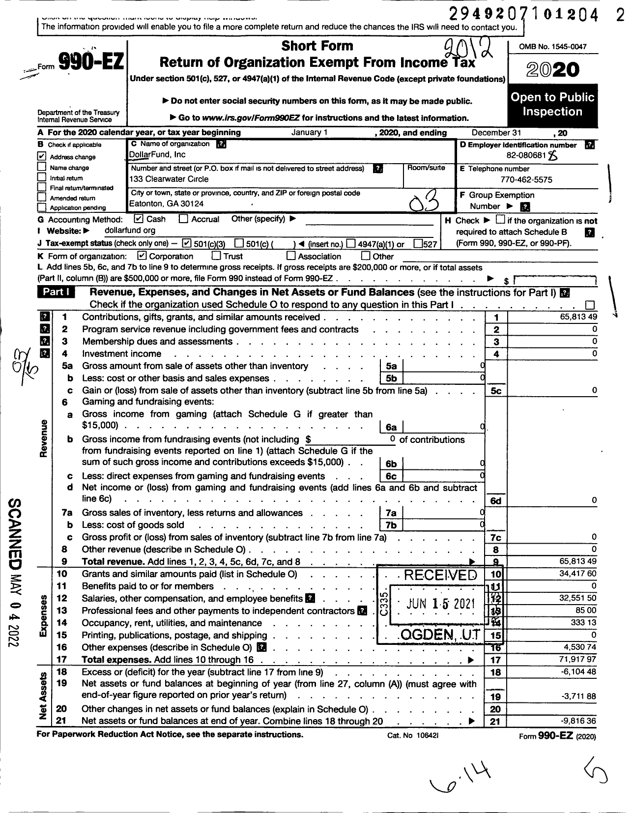 Image of first page of 2020 Form 990EZ for Dollar Fund