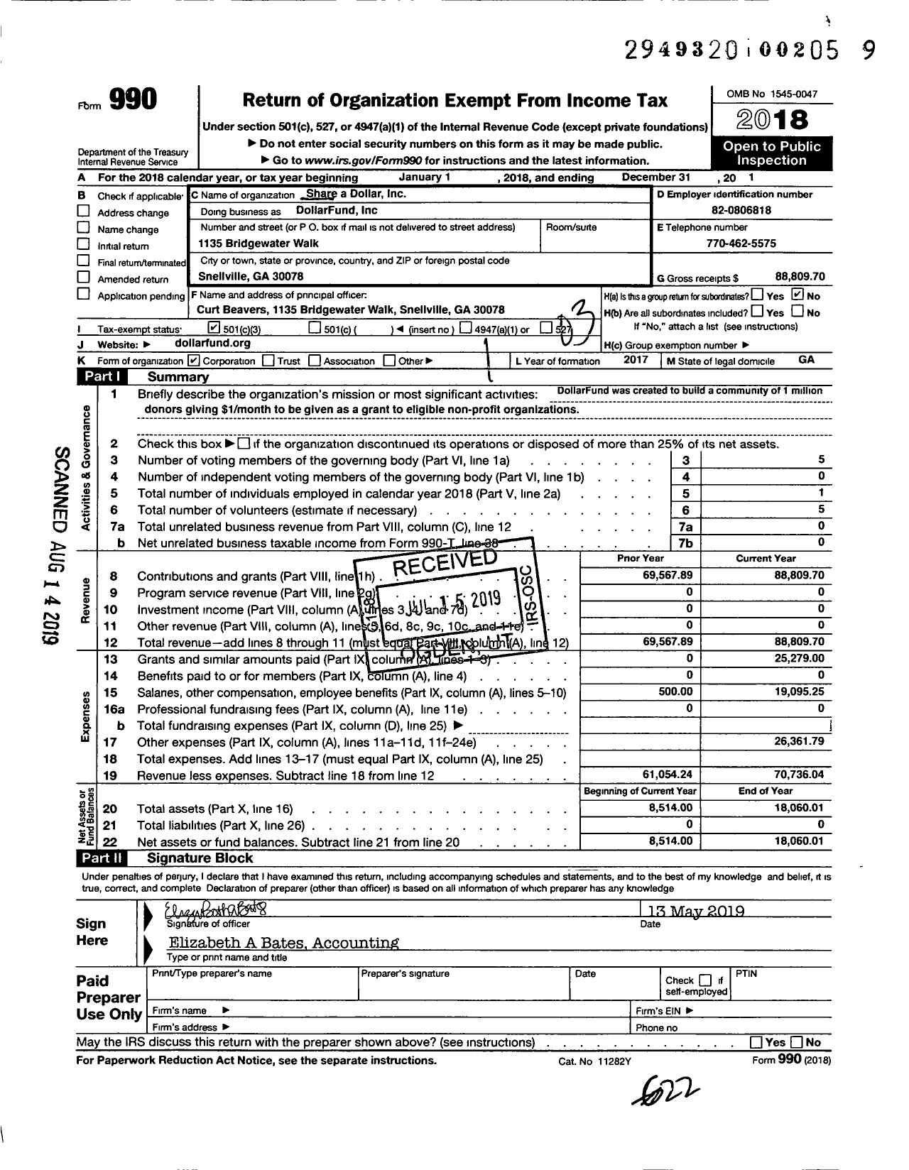 Image of first page of 2018 Form 990 for Dollar Fund