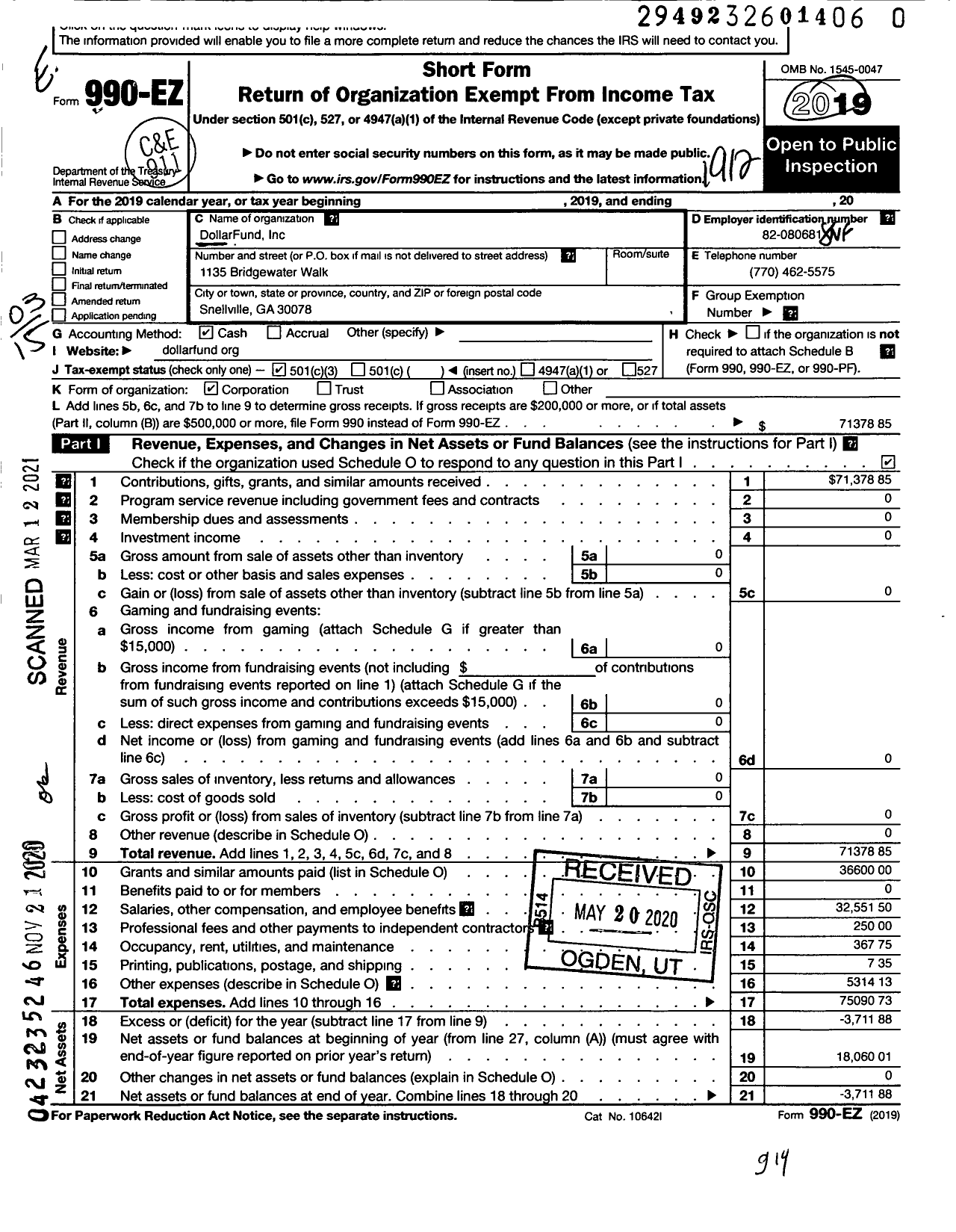 Image of first page of 2019 Form 990EZ for Dollar Fund