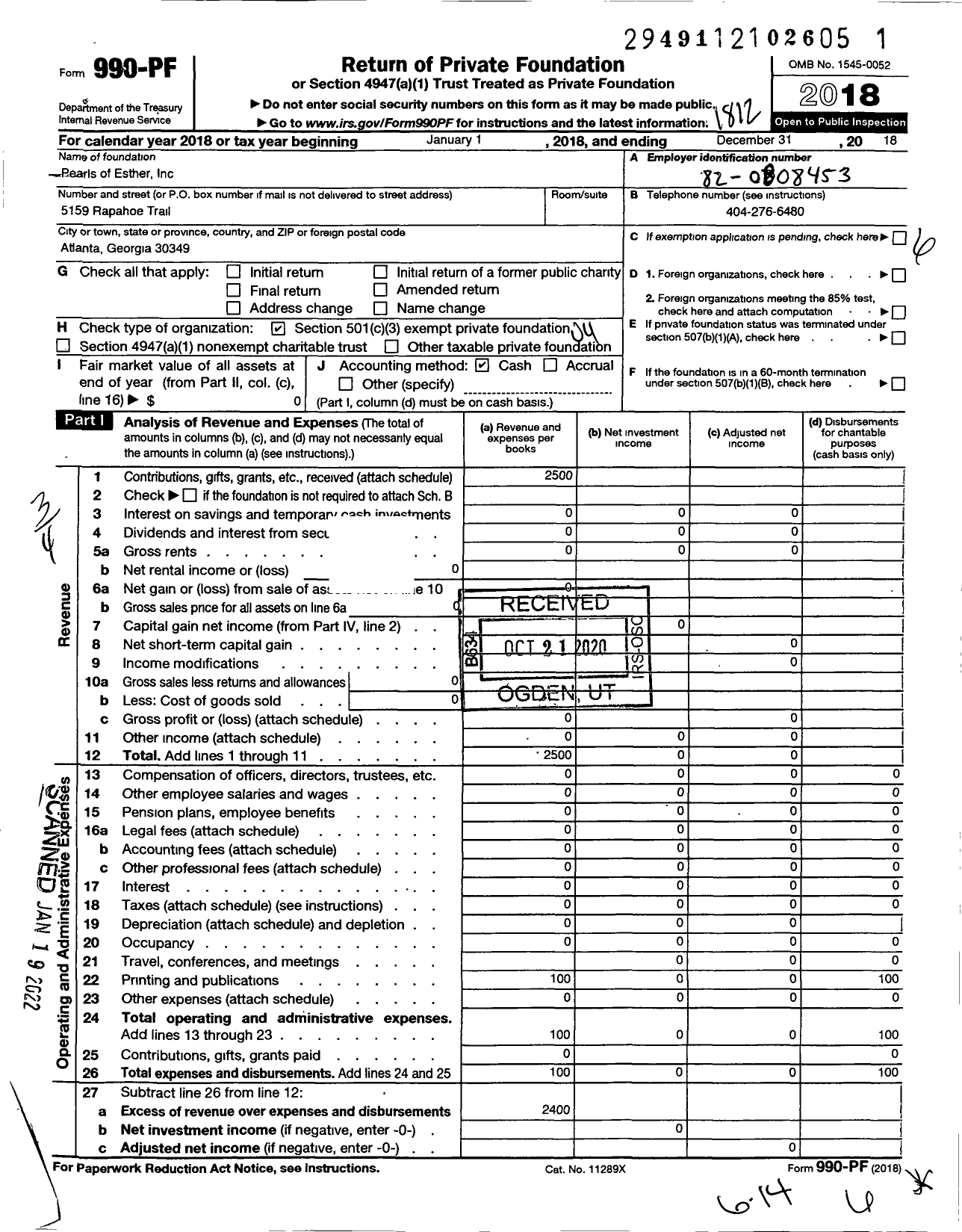 Image of first page of 2018 Form 990PF for Pearls of Esther Incorporated