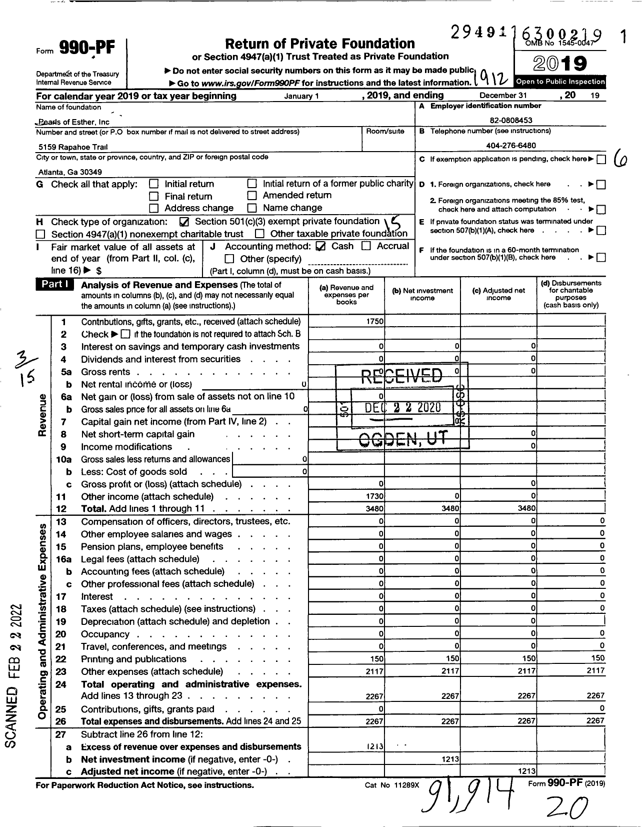 Image of first page of 2019 Form 990PF for Pearls of Esther Incorporated