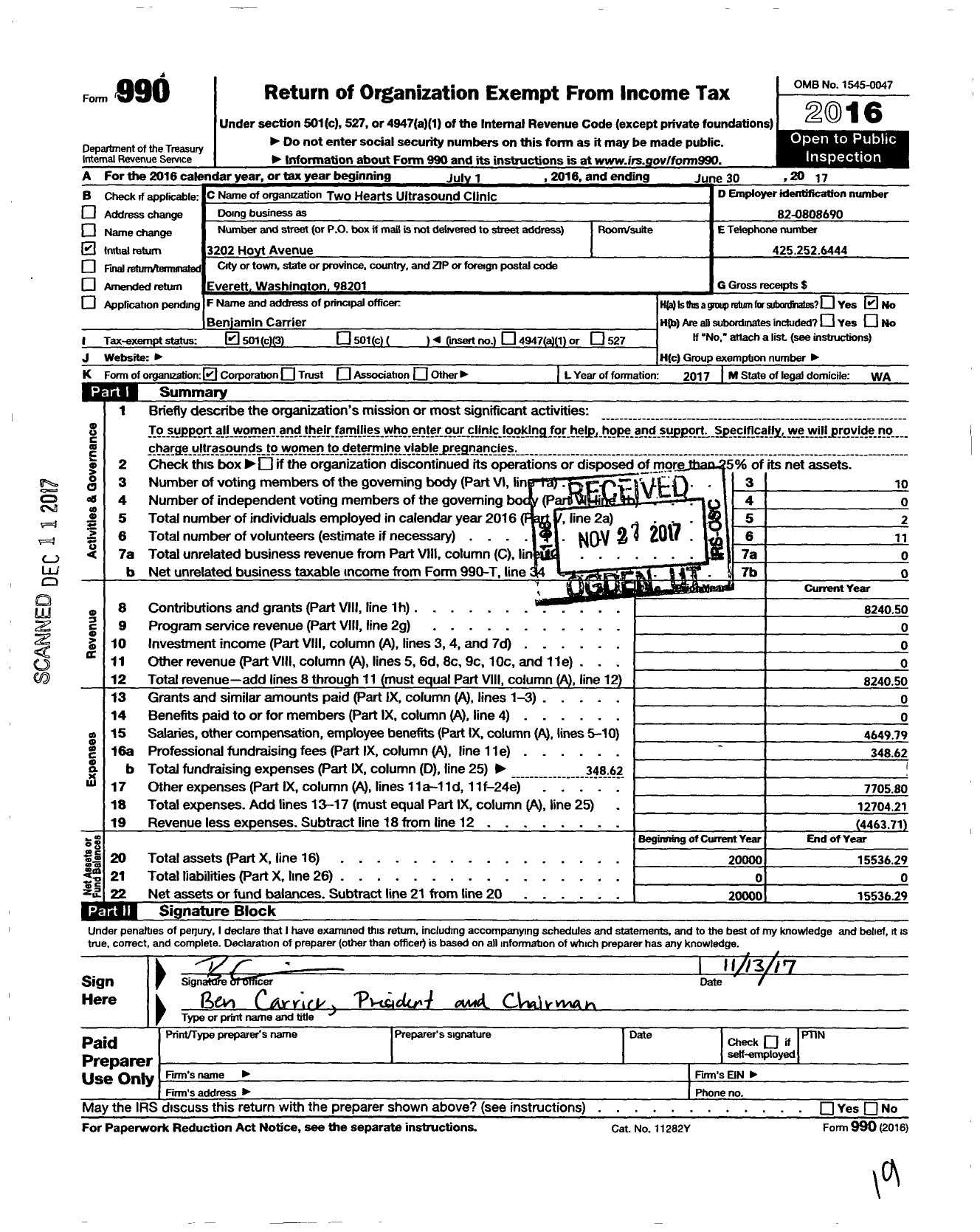 Image of first page of 2016 Form 990 for Two Hearts Pregnancy Aid