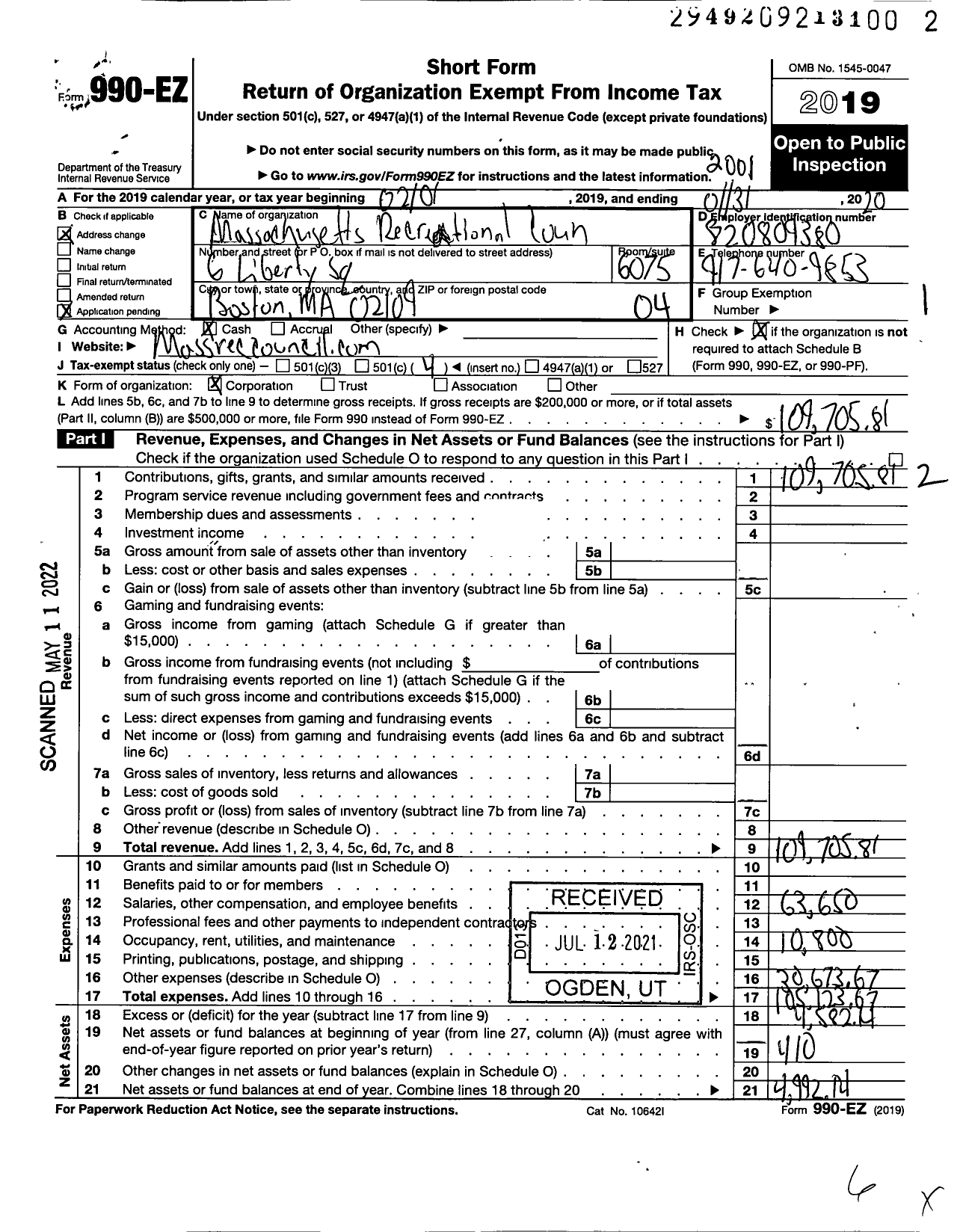 Image of first page of 2019 Form 990EO for Massachusetts Recreational Consumer Council