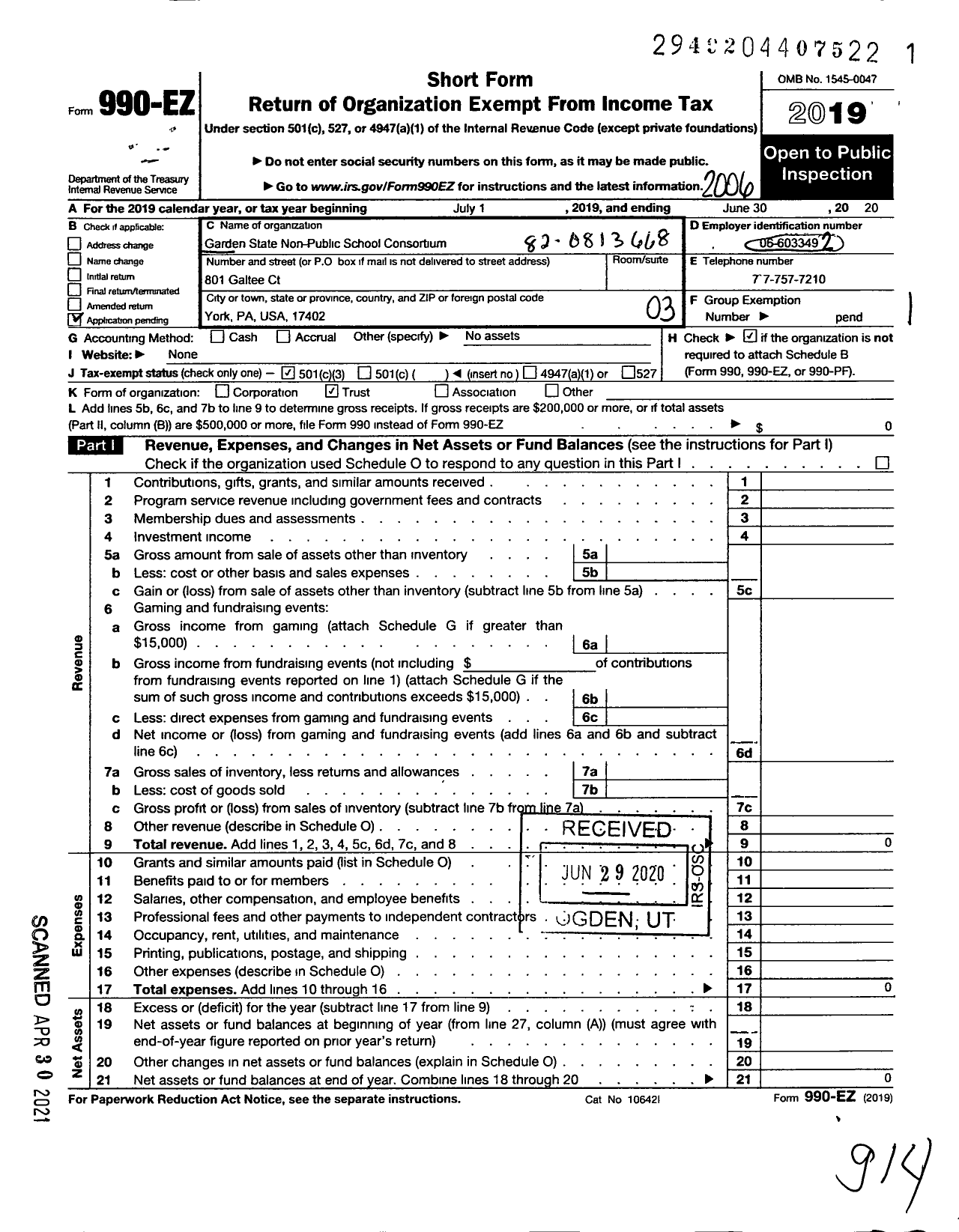 Image of first page of 2019 Form 990EZ for Garden State Non Public School Consortium