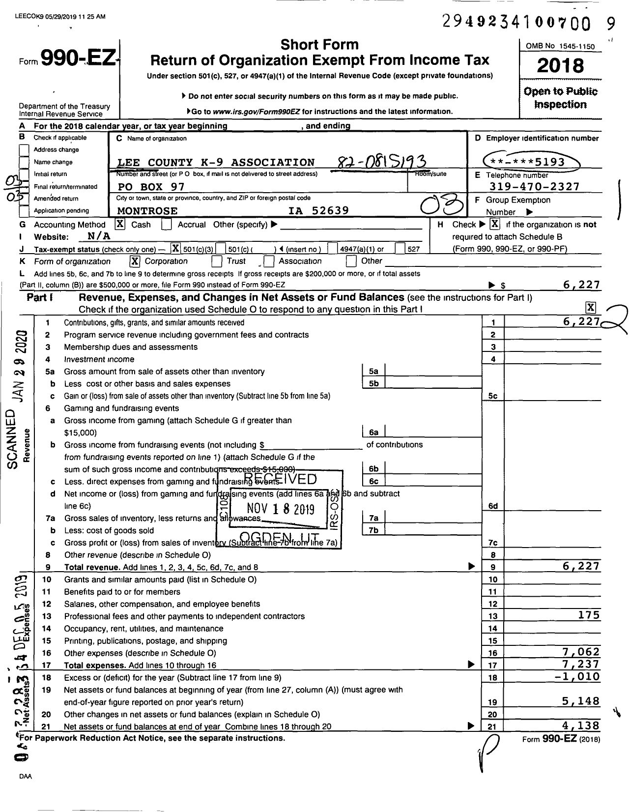 Image of first page of 2018 Form 990EZ for Lee County K-9 Association