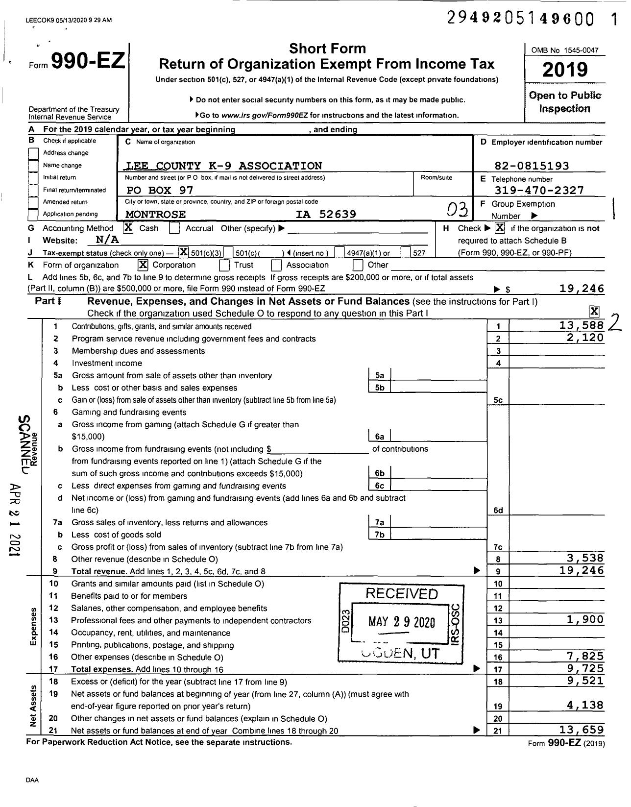 Image of first page of 2019 Form 990EZ for Lee County K-9 Association