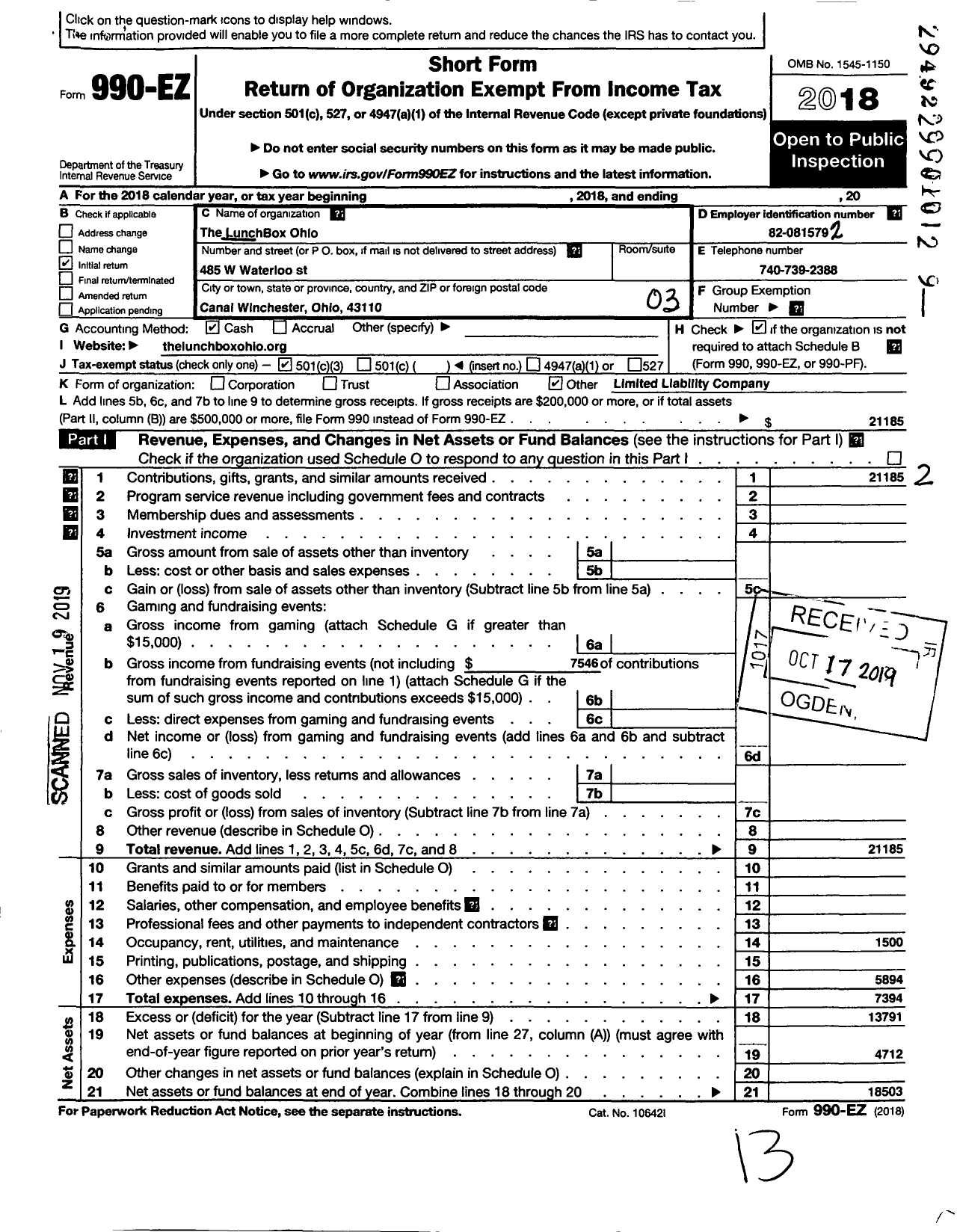 Image of first page of 2018 Form 990EZ for Lunch Box Ohio