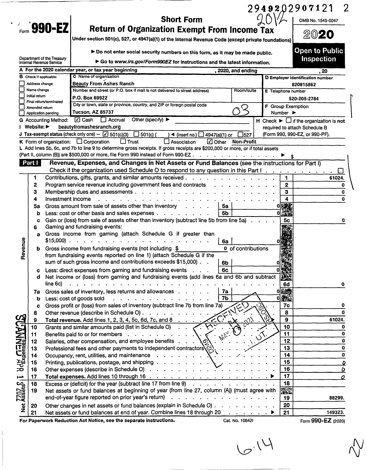 Image of first page of 2020 Form 990EZ for Beauty From Ashes Ranch