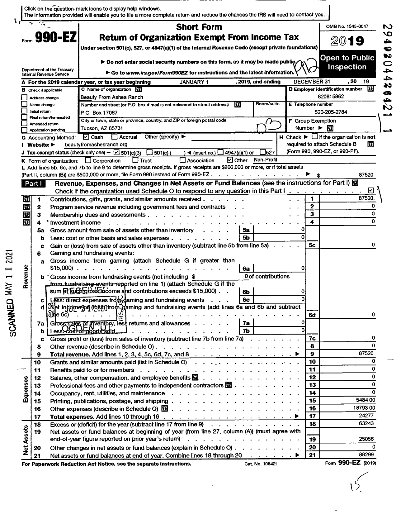 Image of first page of 2019 Form 990EZ for Beauty From Ashes Ranch