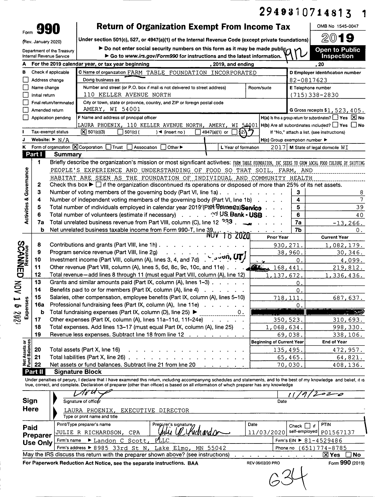 Image of first page of 2019 Form 990 for Farm Table Foundation Incorporated