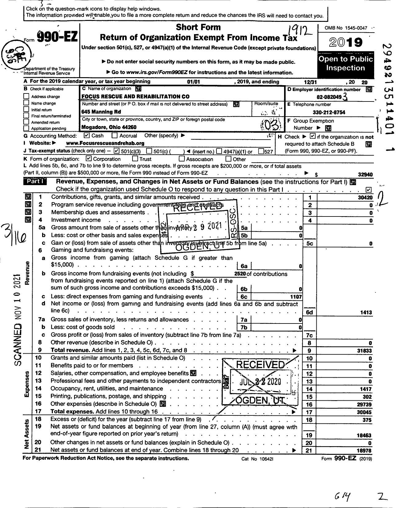 Image of first page of 2019 Form 990EZ for Focus Rescue and Rehabilitation