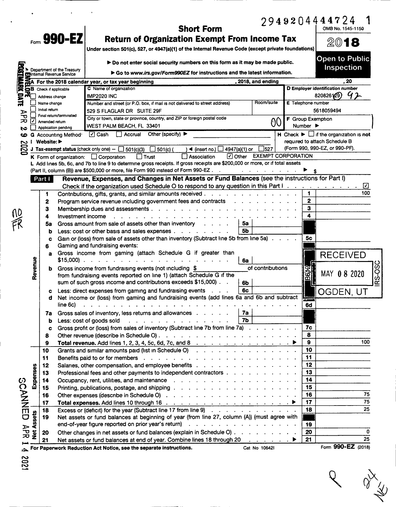 Image of first page of 2018 Form 990EO for Imp2020