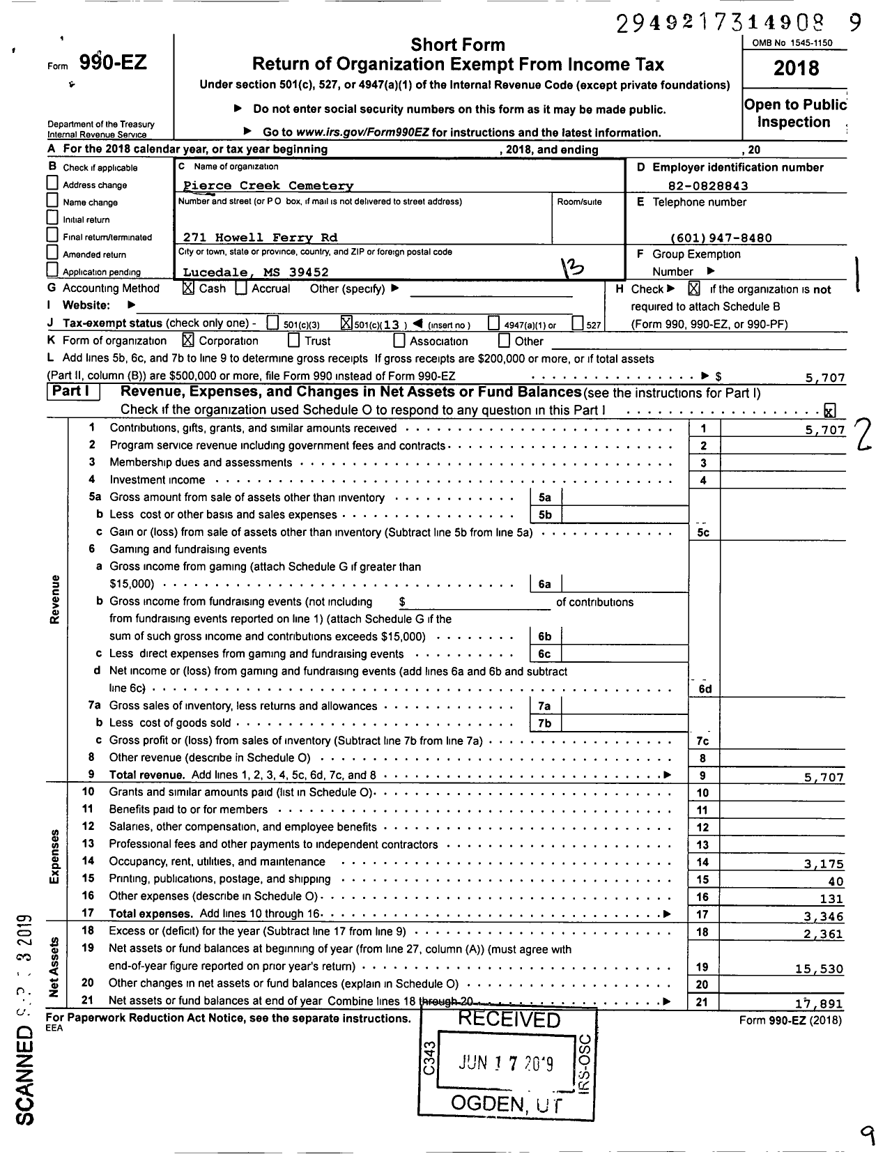 Image of first page of 2018 Form 990EO for Pierce Creek Cemetery