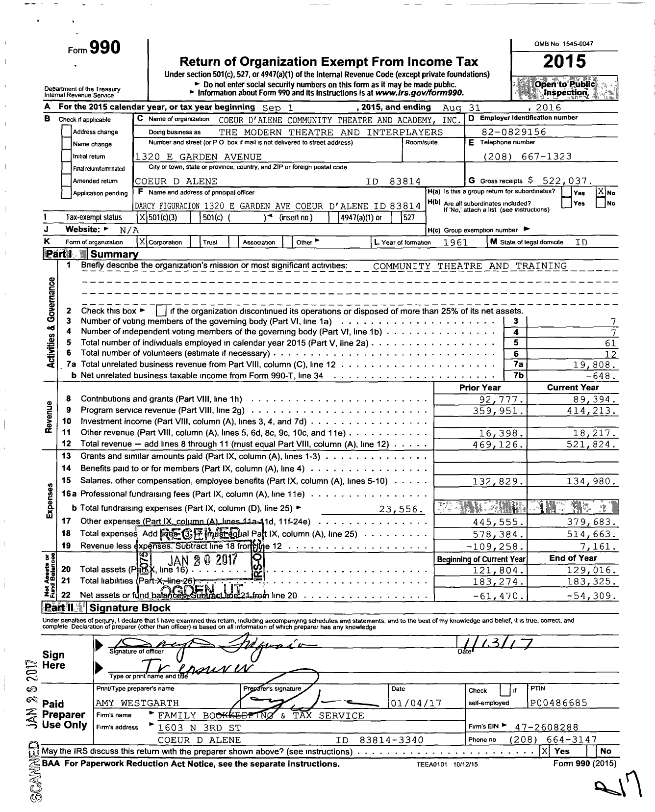 Image of first page of 2015 Form 990 for Coeur Dalene Community Theatre and Academy