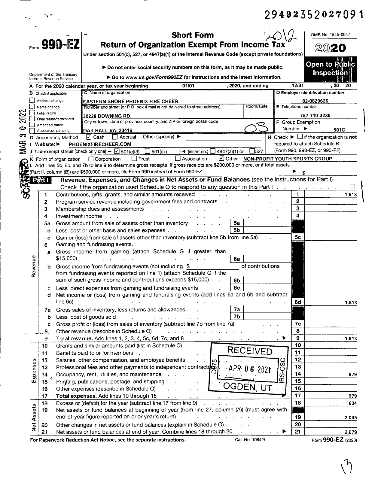 Image of first page of 2020 Form 990EZ for Eastern Shore Phoenix Fire