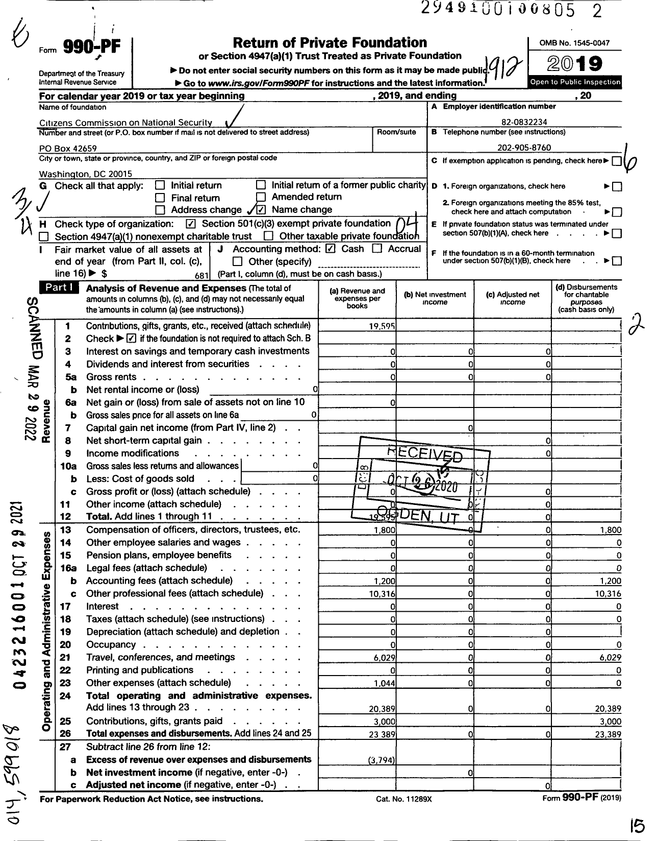 Image of first page of 2019 Form 990PF for Citizens Commission on National Security