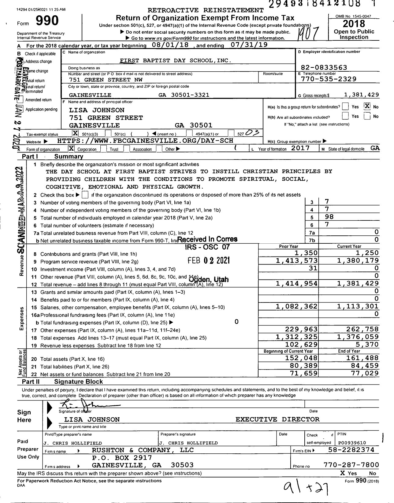 Image of first page of 2018 Form 990 for First Baptist Day School