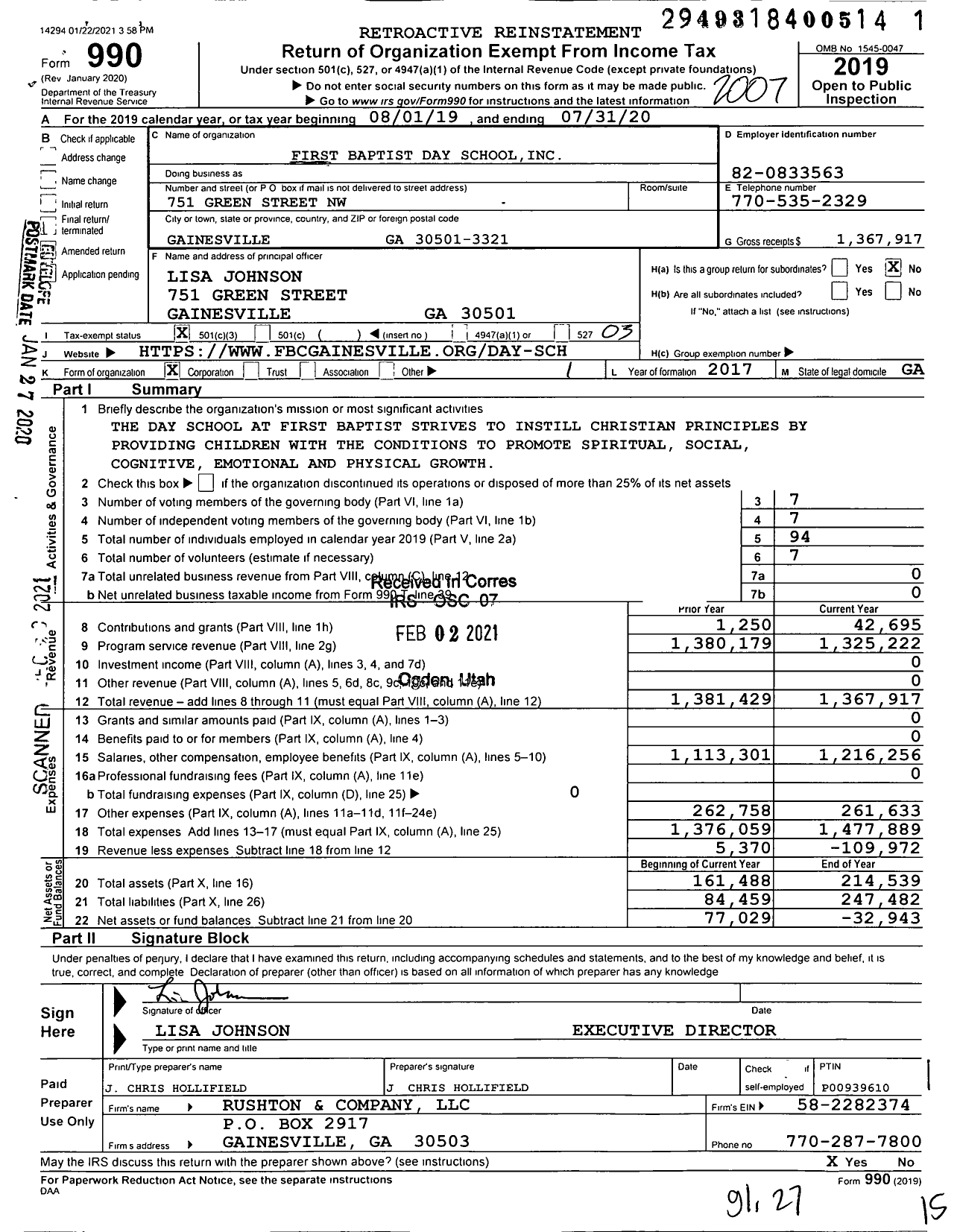 Image of first page of 2019 Form 990 for First Baptist Day School